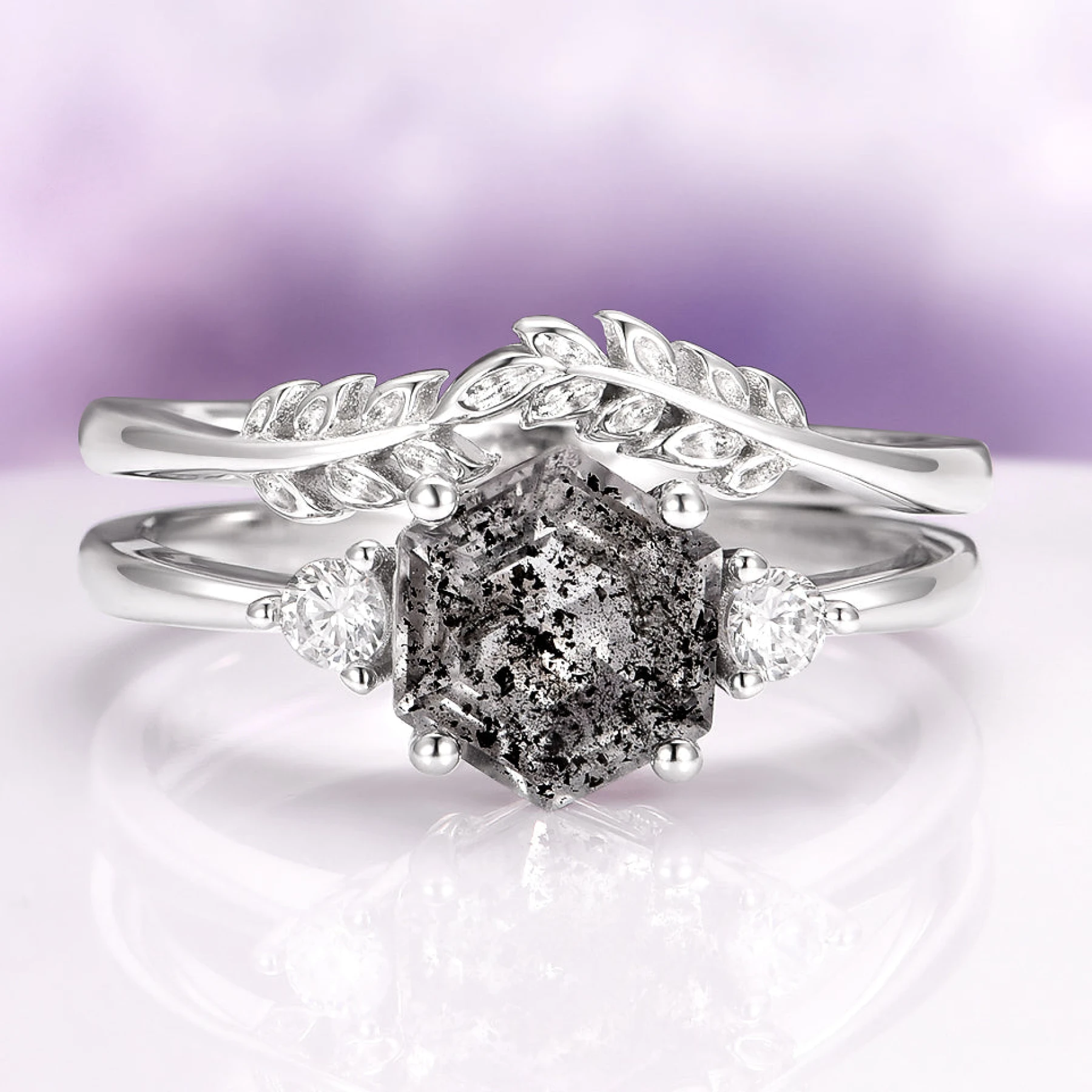 Galaxy Raw Salt & Pepper Diamond (Herkimer Diamond) Ring Set in Sterling Silver