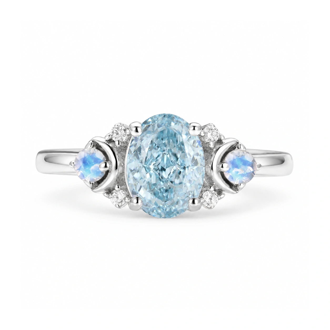 Aquamarine & Crescent Moonstone Ring in Sterling Silver