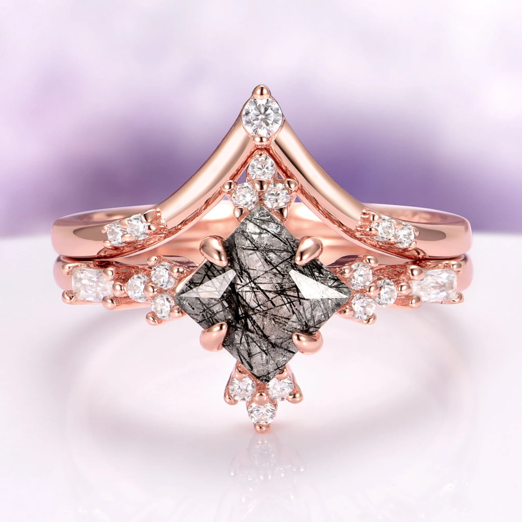 Natural Black Rutilated Quartz Ring Set in 14K Rose Gold Vermeil