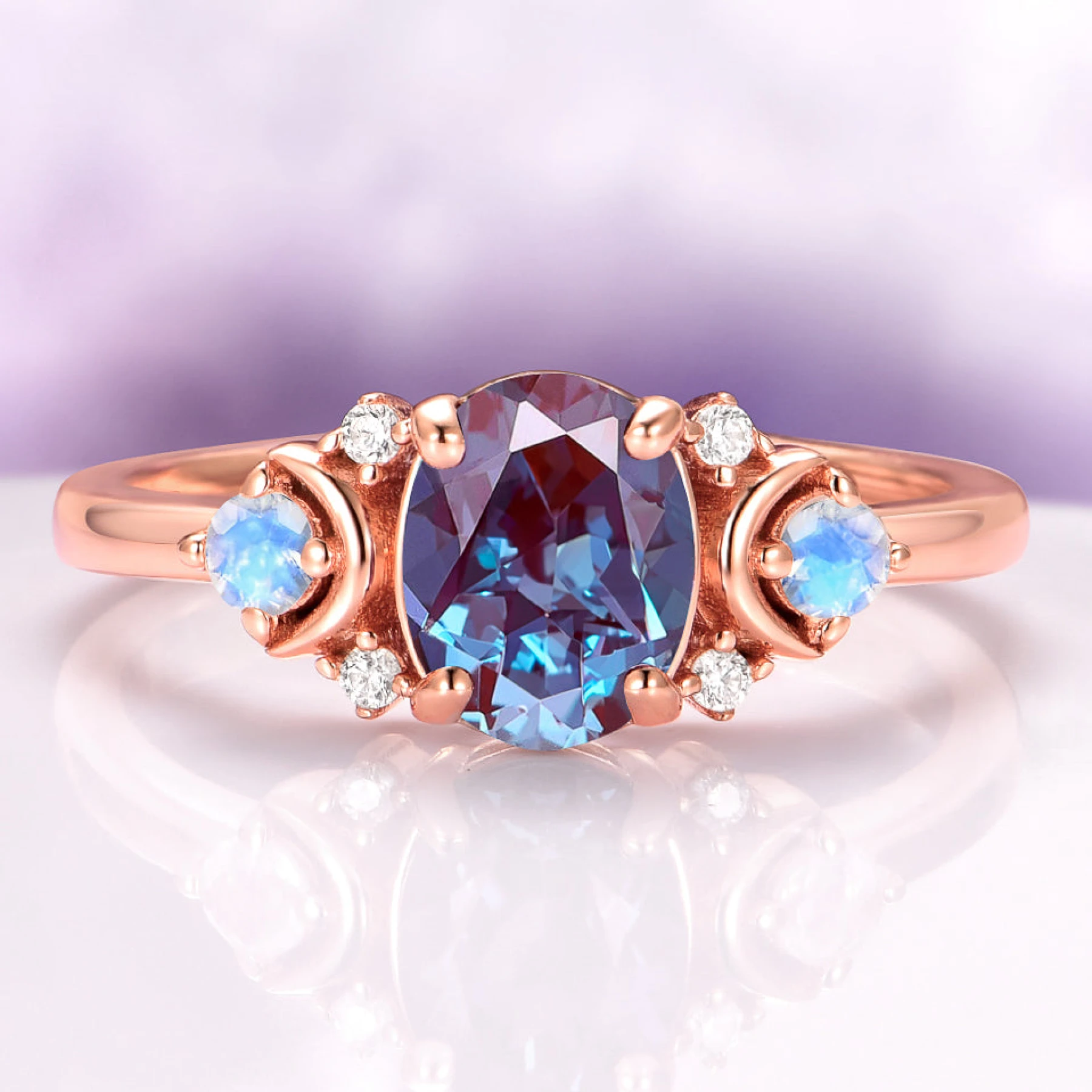 Alexandrite Crescent Moon Engagement Ring in 14K Solid Rose Gold
