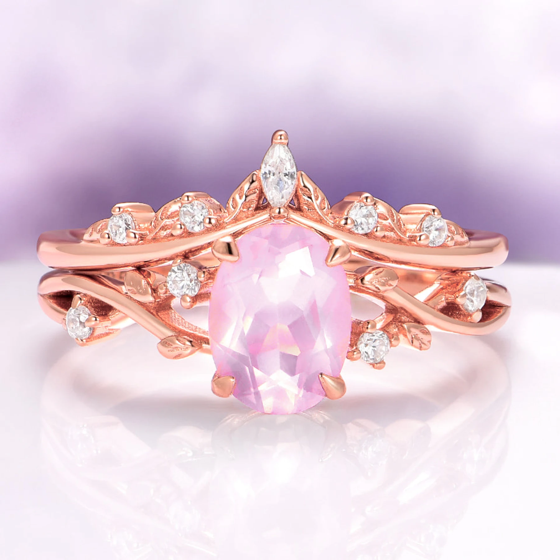 Oval Cut Rose Quartz Leaf Engagement Ring Set in 14K Solid Rose Gold