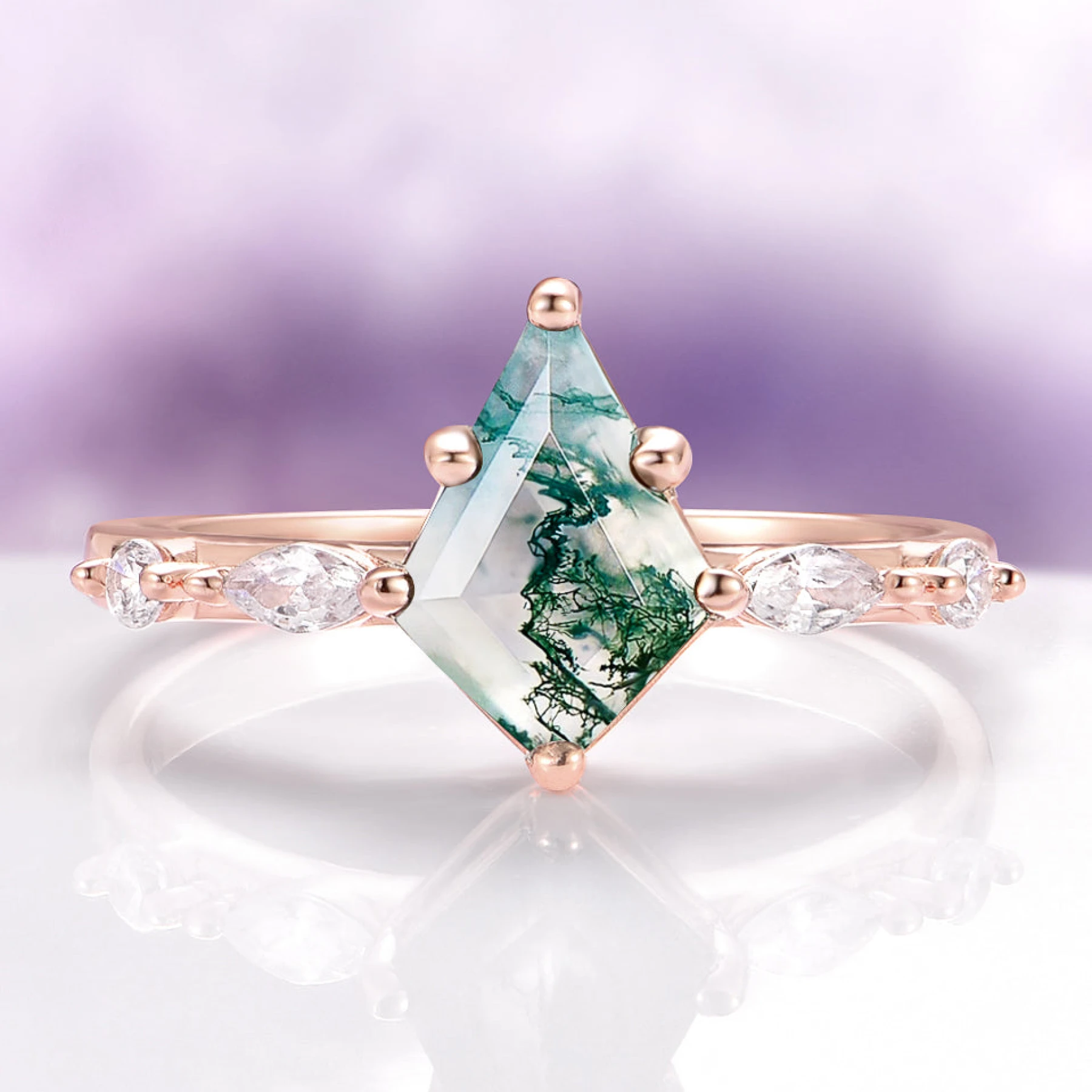Kite Cut Green Moss Agate Ring in 14K Rose Gold Vermeil