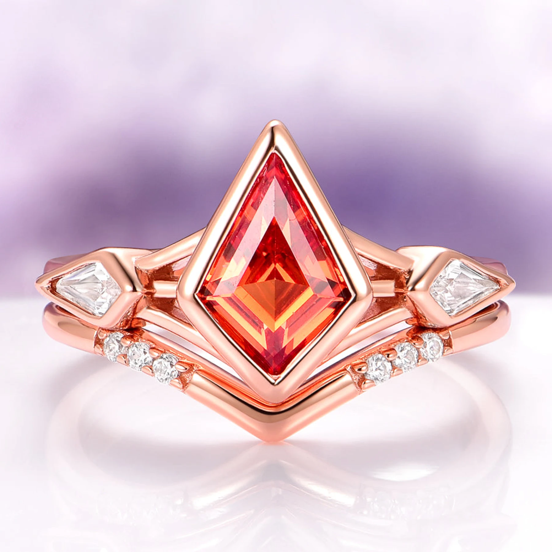 Padparadscha Sapphire Engagement Ring Set in 14K Solid Rose Gold