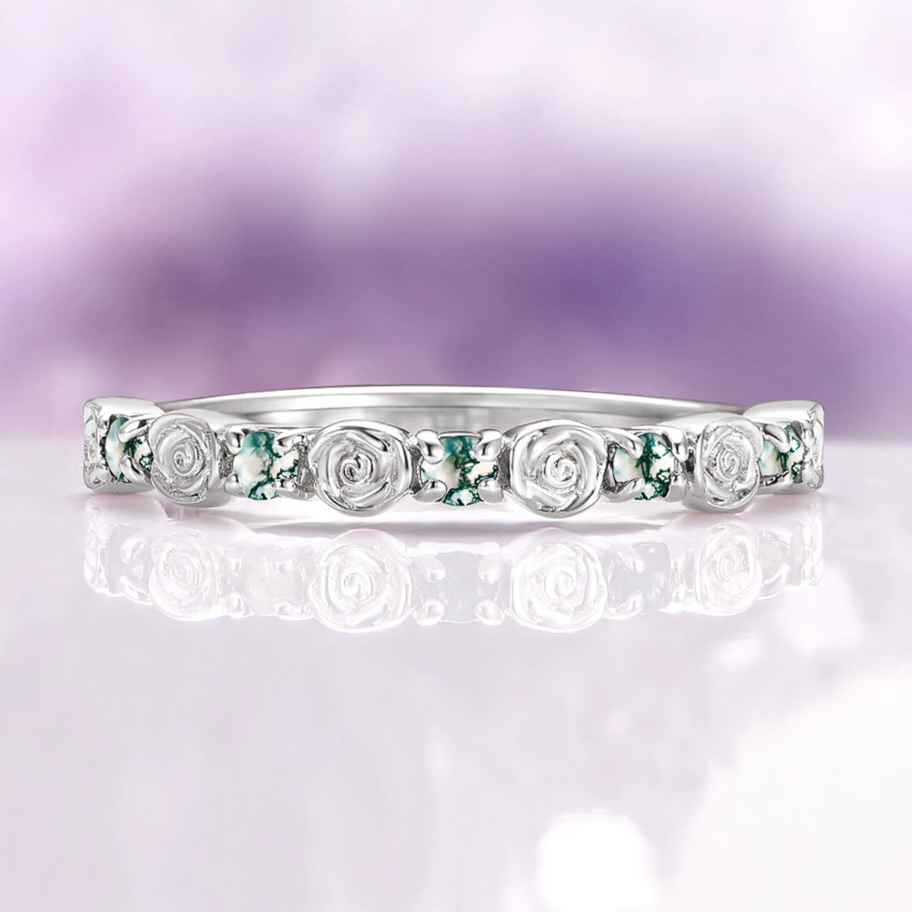 Green Moss Agate Flower Wedding Band