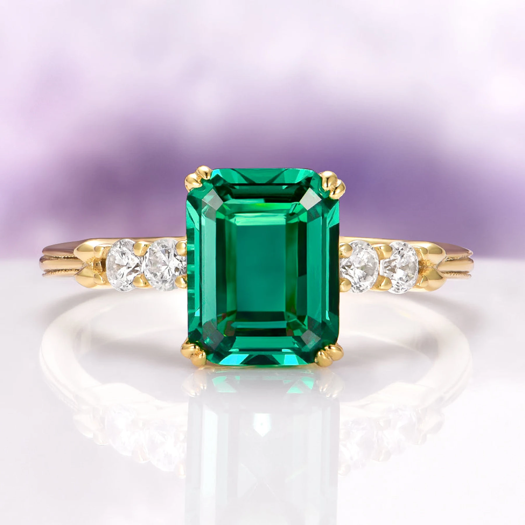 Emerald Engagement Ring in 14K Solid Yellow Gold (Hidden Halo)