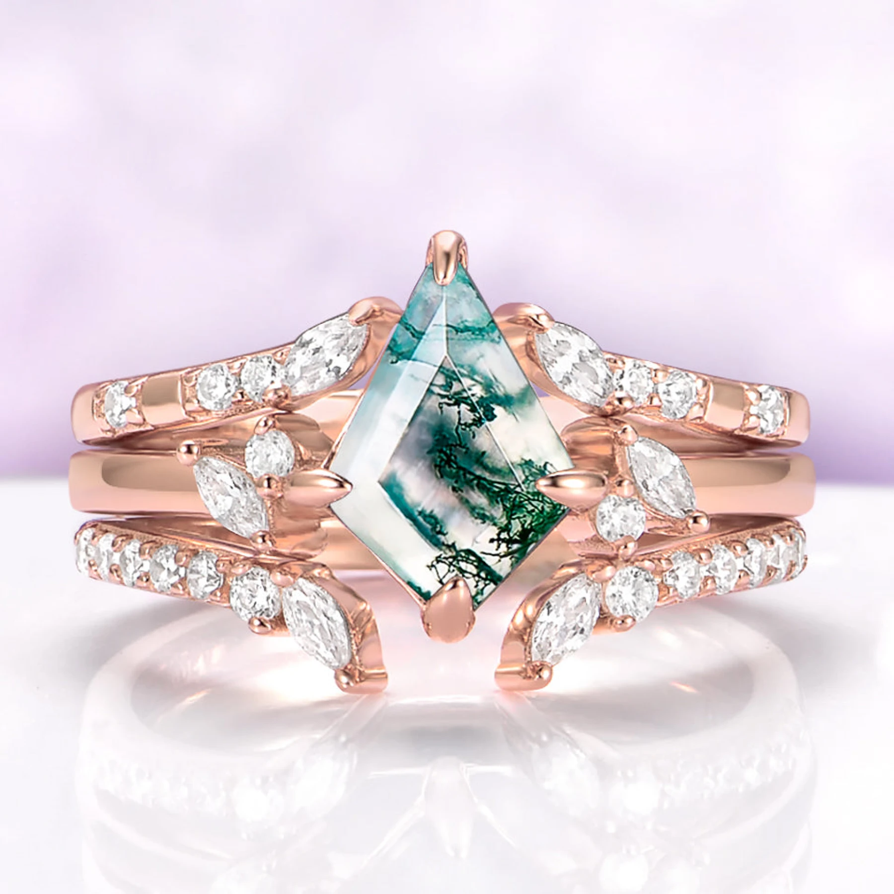 Kite Green Moss Agate Ring Set in 14K Rose Gold Vermeil (3-piece)