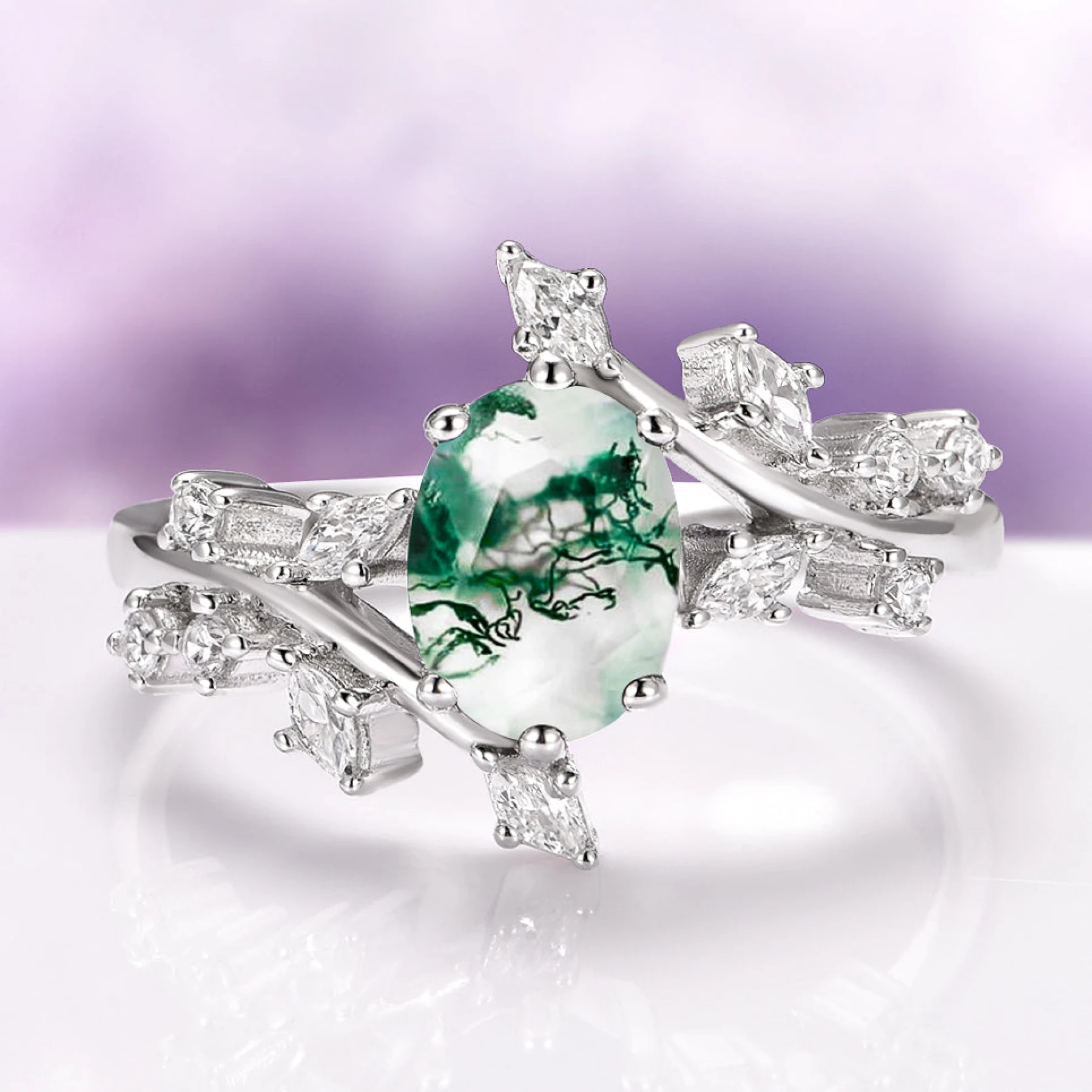 Green Moss Agate Leaf Engagement Ring