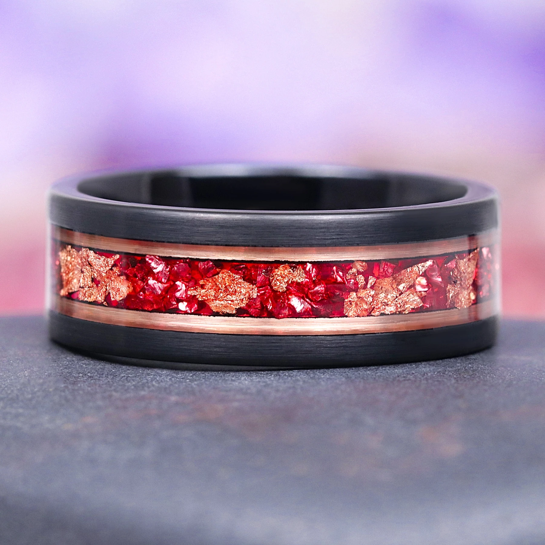 Ruby & Rose Gold Leaf Men's Wedding Band in Rose Gold/Black Tungsten (8mm)