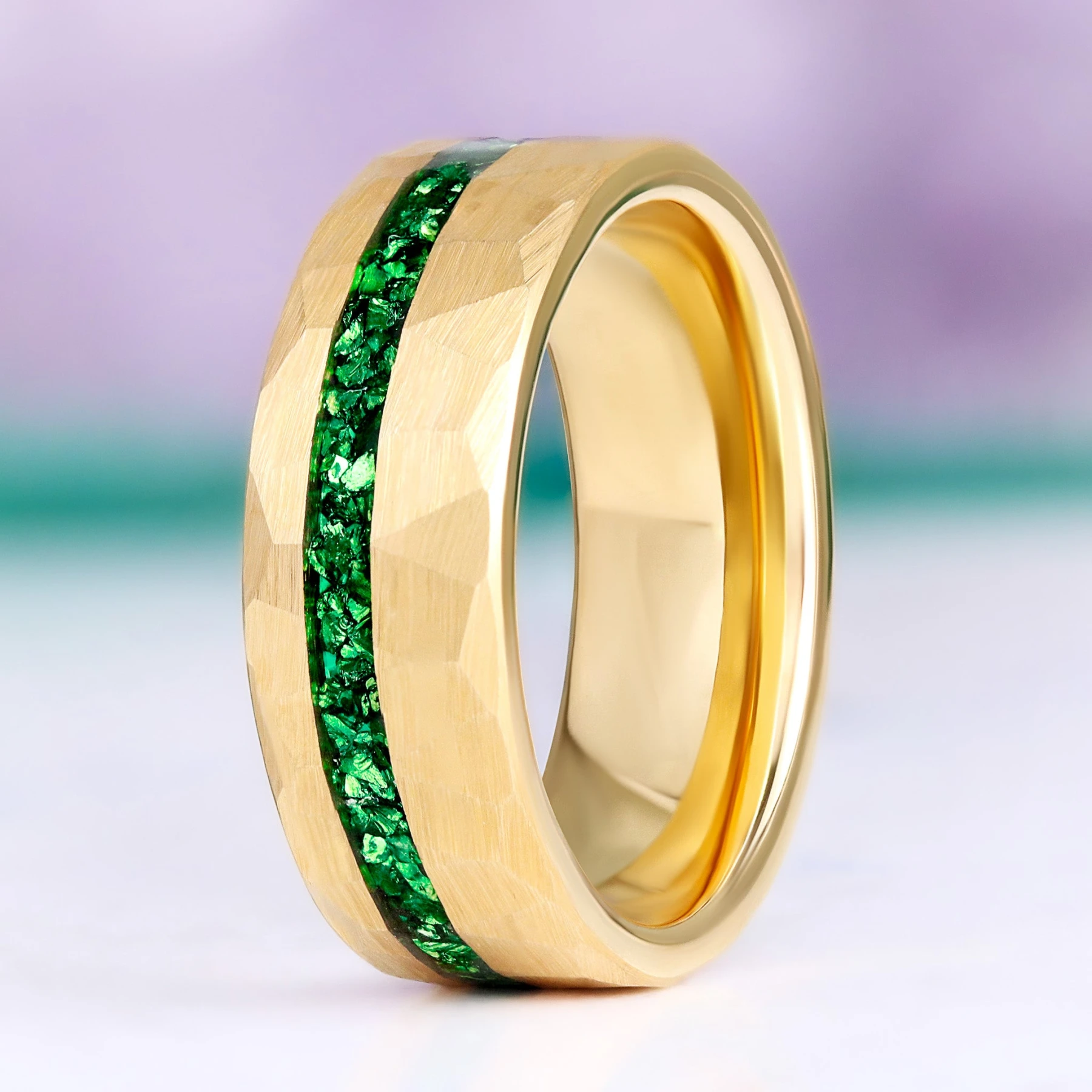 Crushed Emerald Hammered Wedding Band in Gold Tungsten Carbide (8mm)