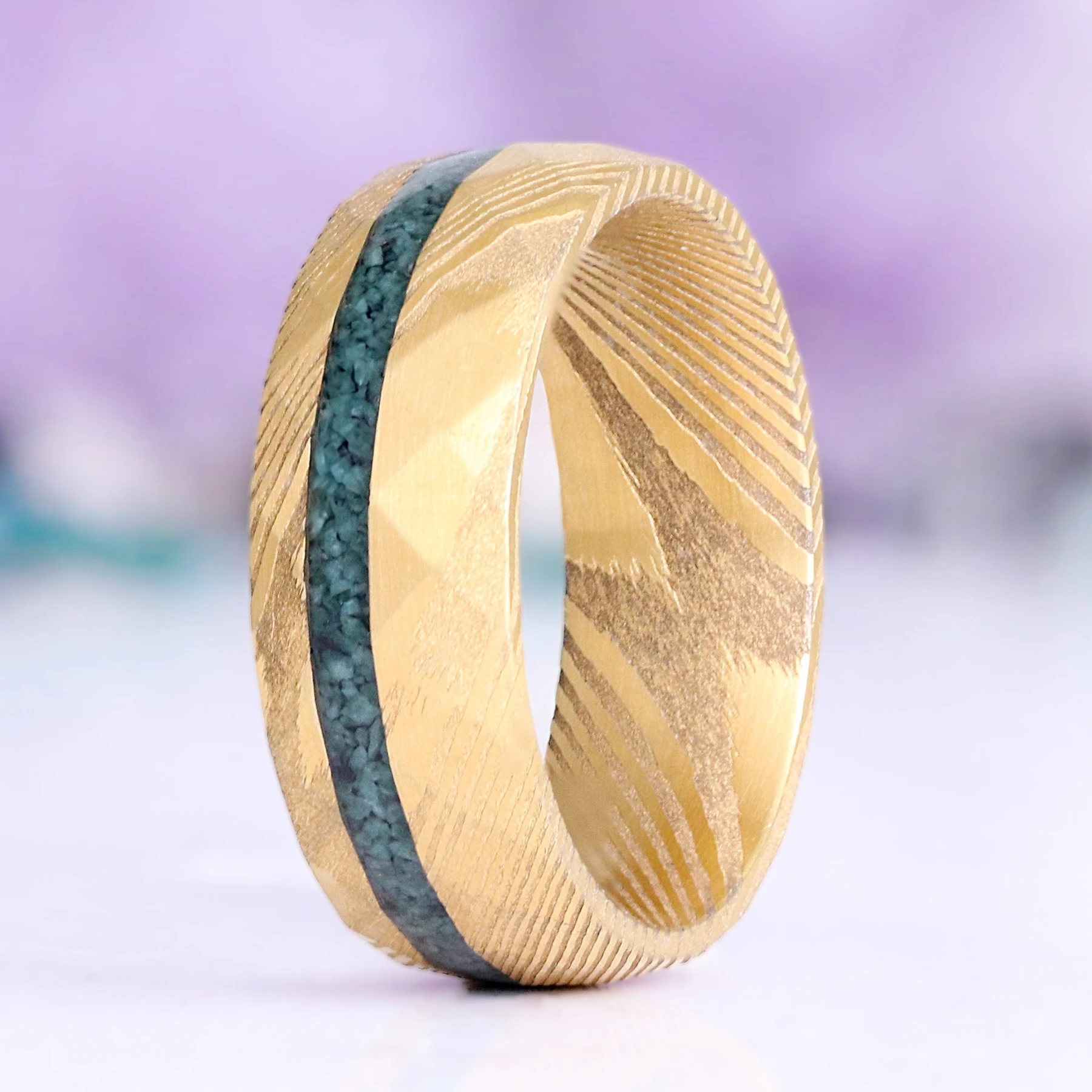 Green Moss Agate Men's Wedding Band in Gold Damascus Steel (8mm)