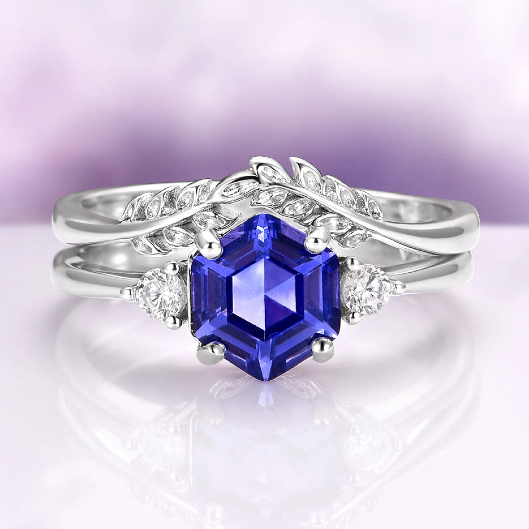 Hexagon Tanzanite Leaf Ring Set in Sterling Silver