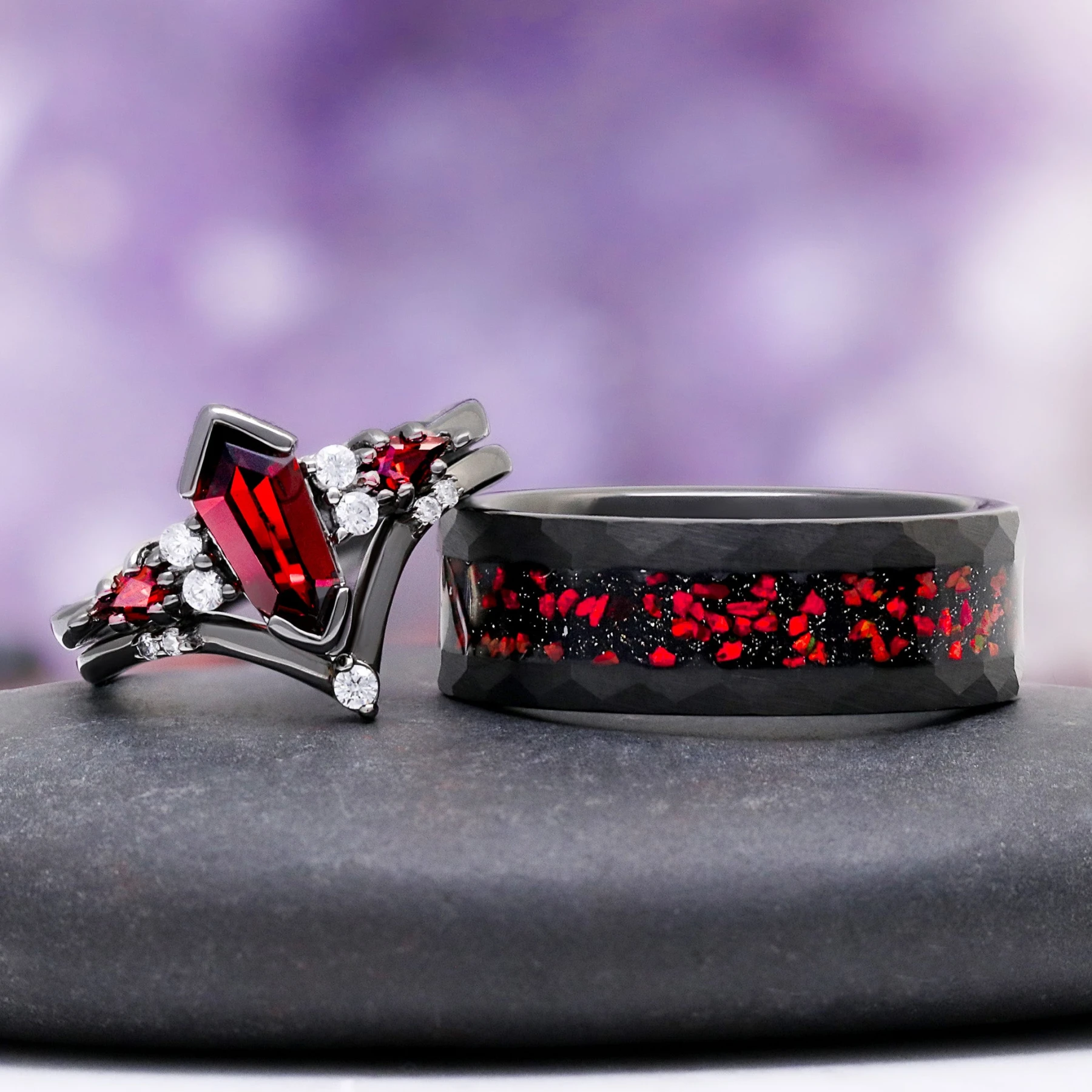 Natural Garnet & Red Couples Ring Set