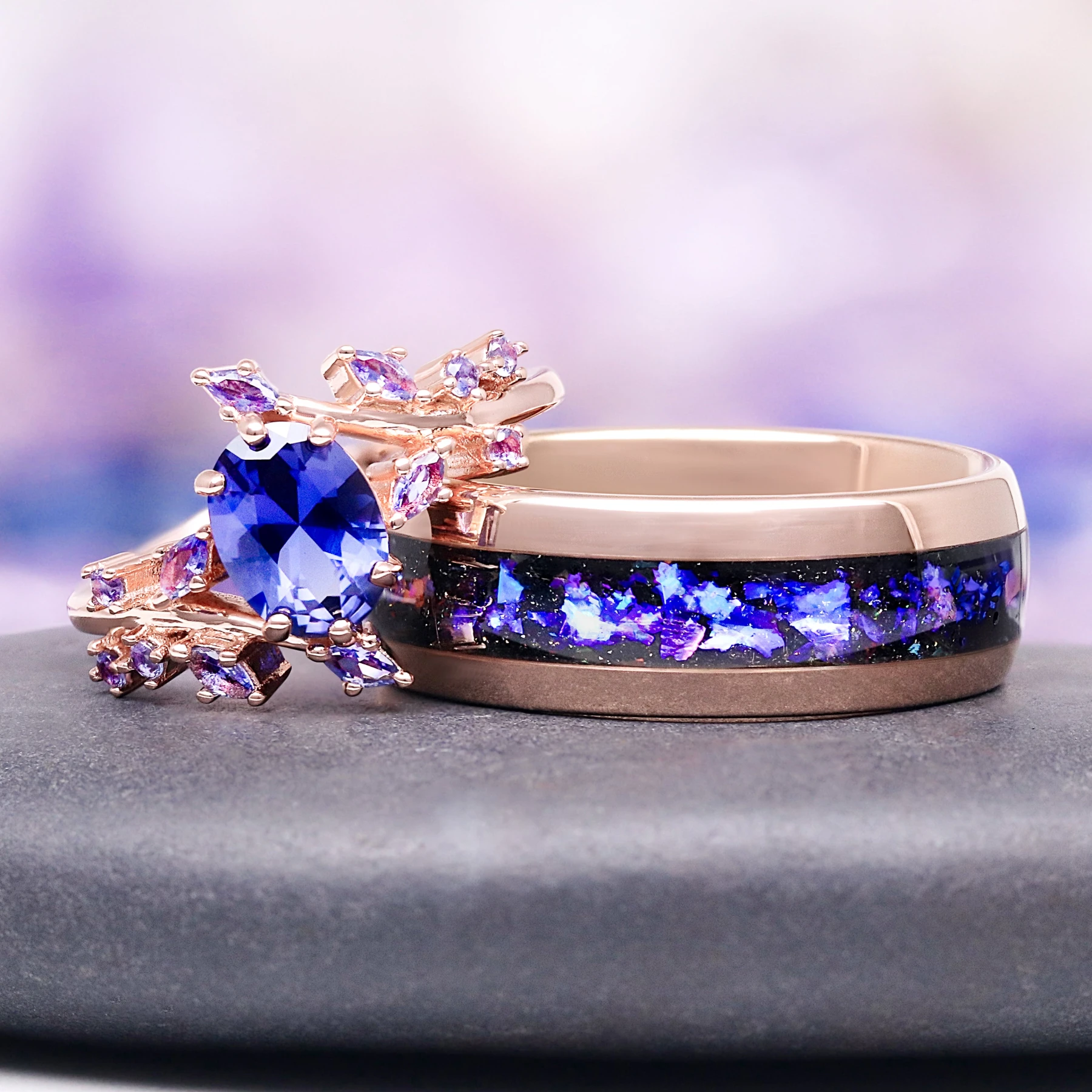 Orion Nebula & Cornflower Sapphire Leaf Couples Ring Set