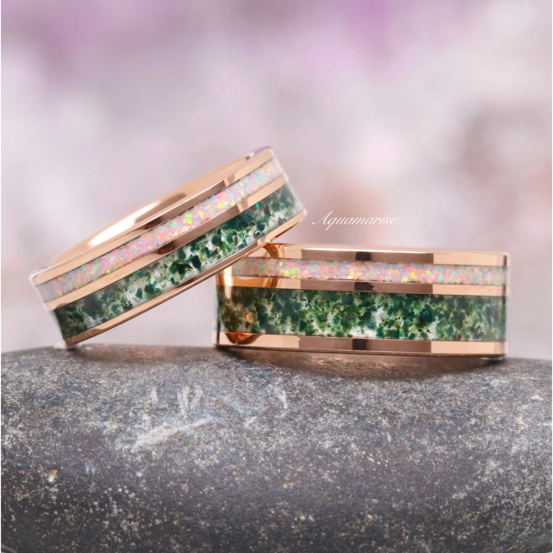 Rose Gold Tungsten Moss Agate & Fire Opal Couples Ring Set