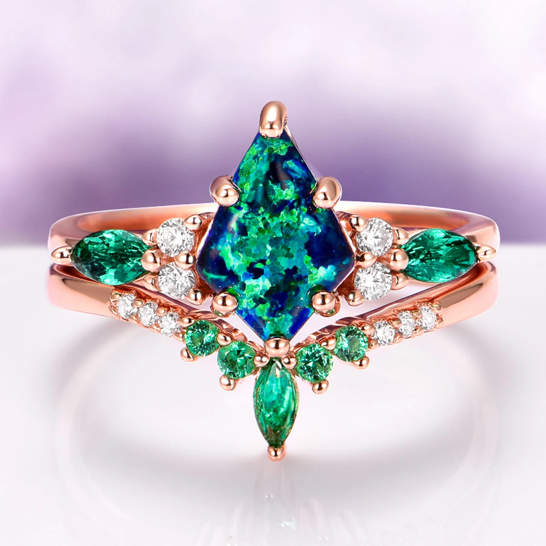 Skye Kite® Peacock Fire Opal & Emerald Engagement Ring Set in