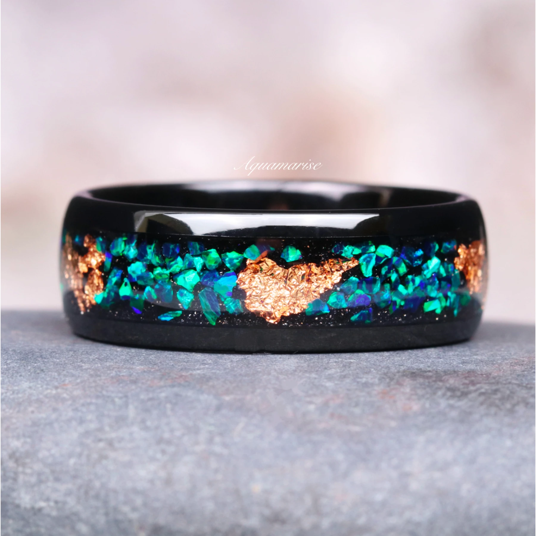 Peacock Fire Opal Men's Wedding Band in Black Tungsten Carbide (8mm)