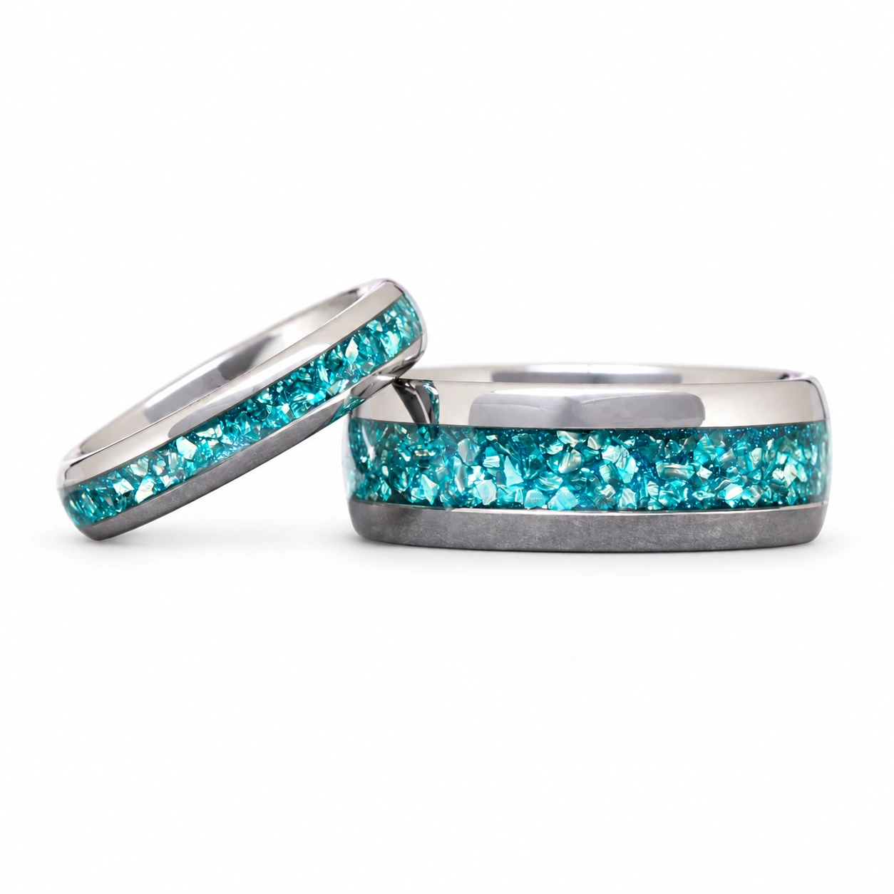 Minimalist Crushed Aquamarine Couples Ring Set