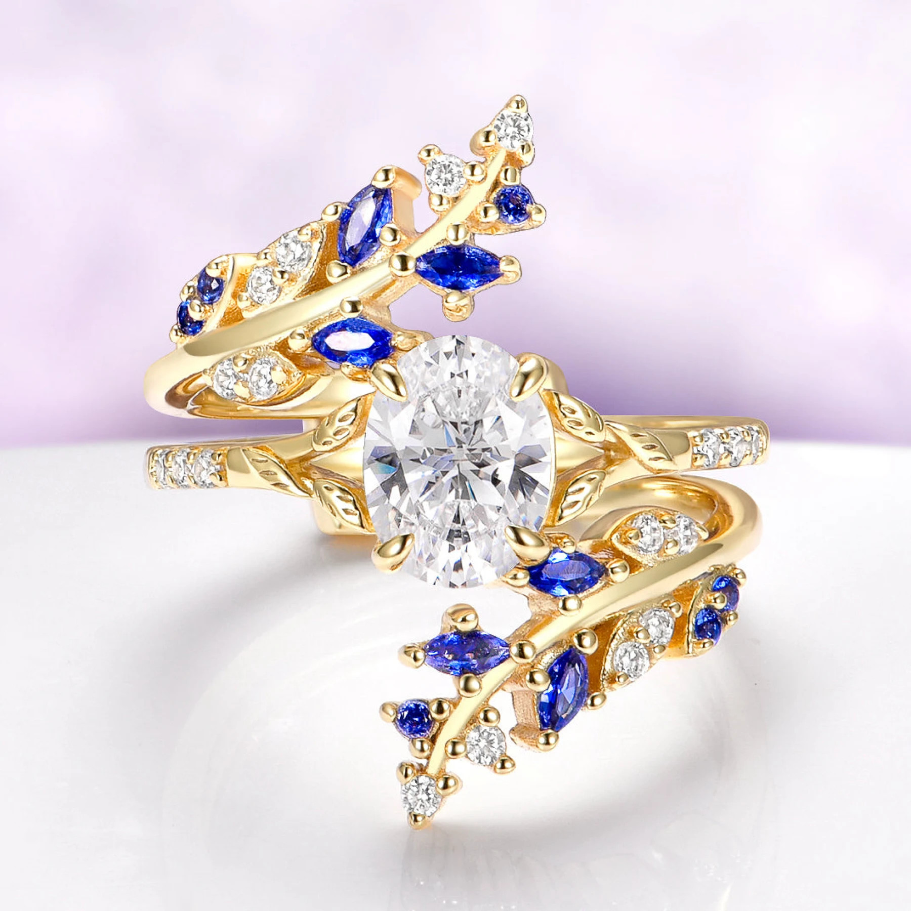 & Simulated Diamond Leaf Engagement Ring Set in 14K Yellow Gold Vermeil