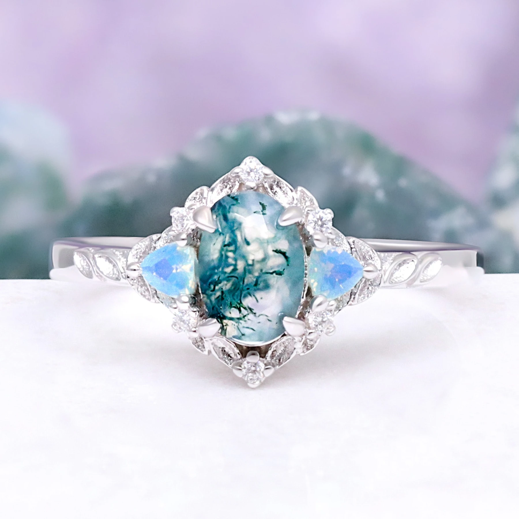 Moss Agate & Opalescent Sapphire Engagement Ring in 14K White Gold