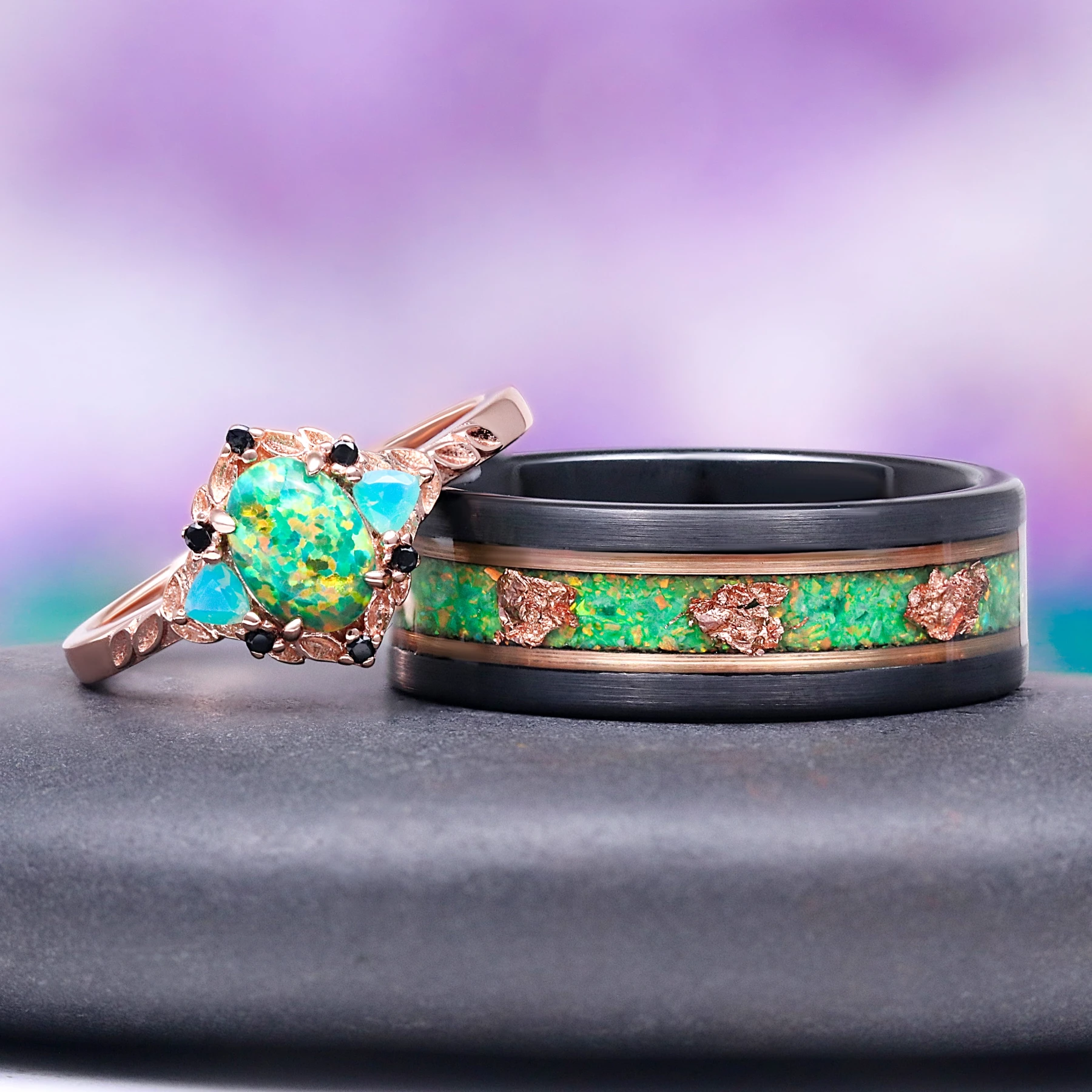 Eldoria Green Fire Opal & Rose Gold Couples Ring Set