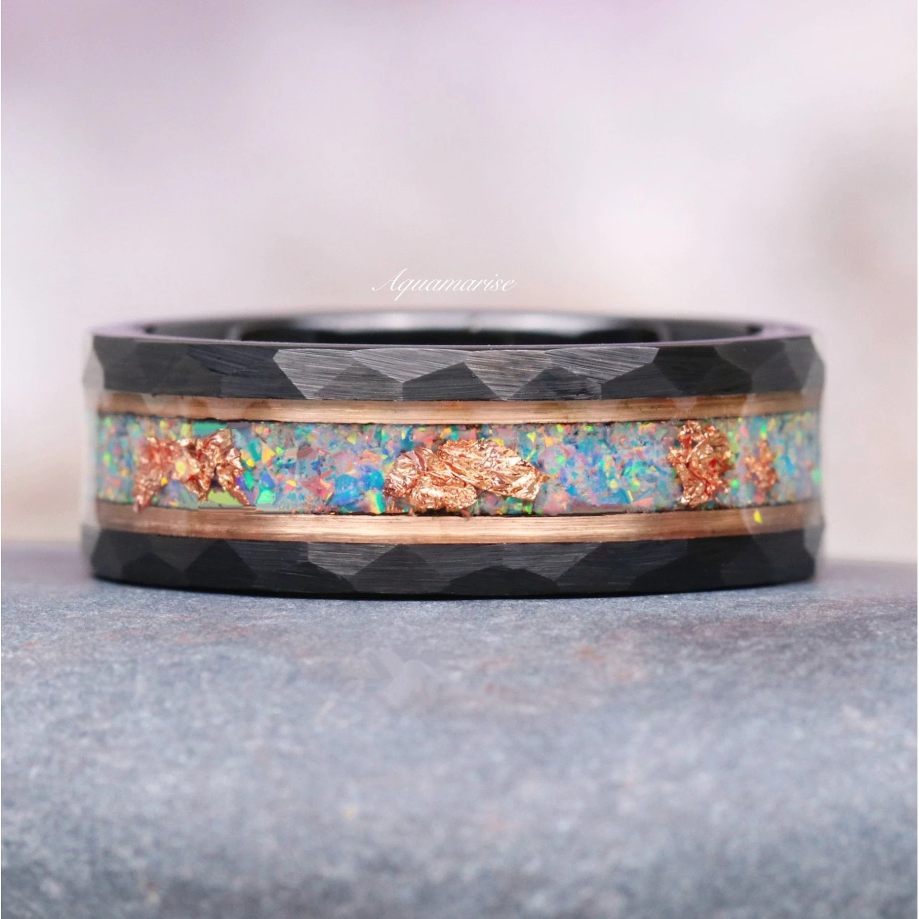 Light Blue Fire Opal Men's Wedding Band in Rose Gold/Black Tungsten (8mm)