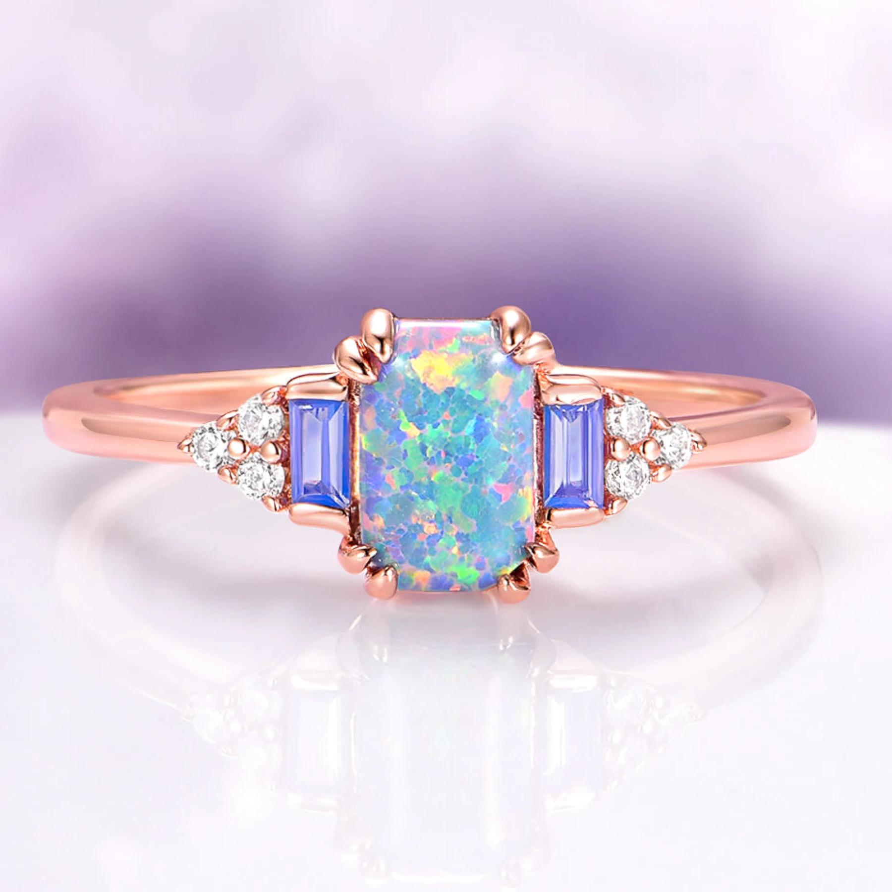 Light Blue Fire Opal & Opalescent Sapphire Engagement Ring in