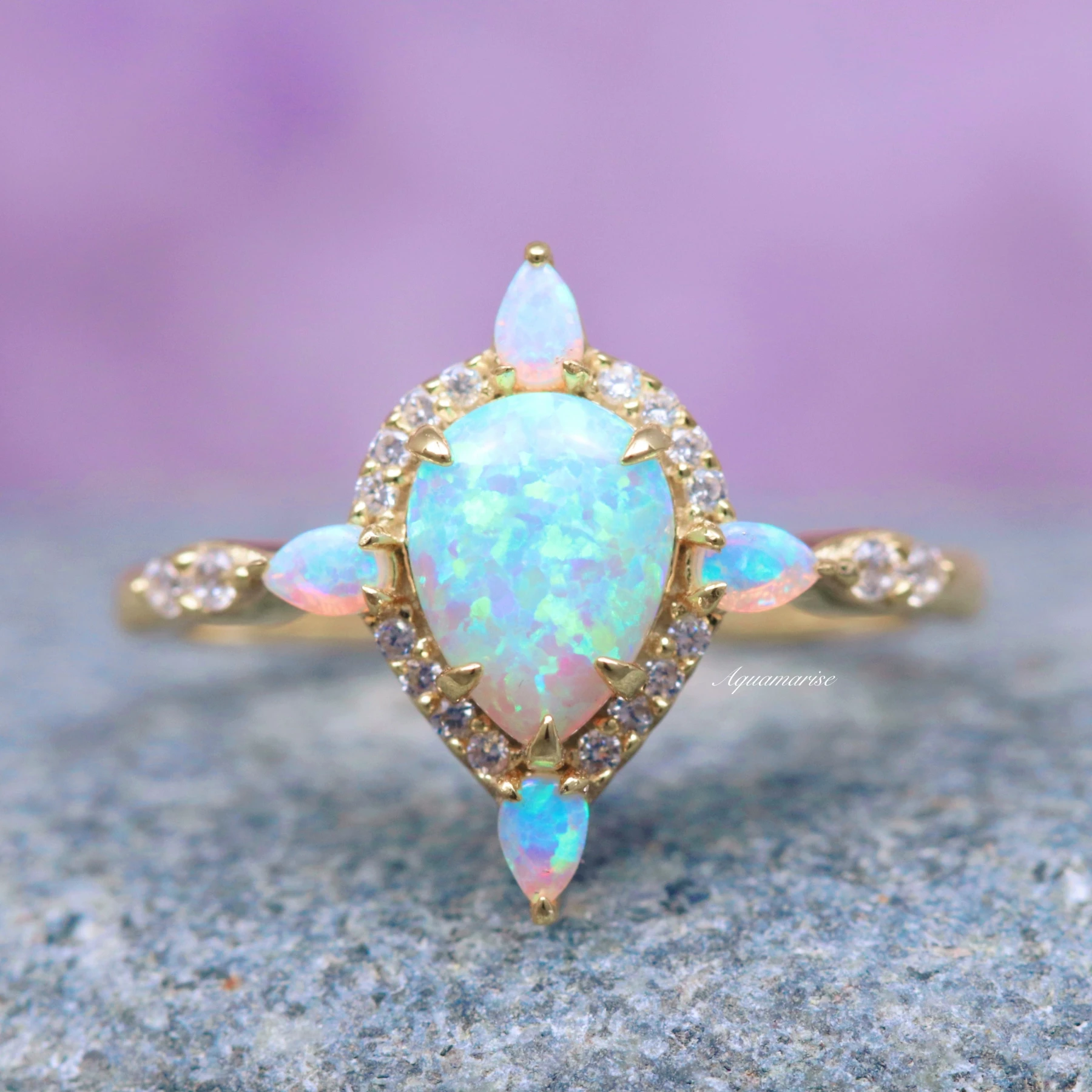 Blue Fire Opal Engagement Ring- 14K Solid Yellow Gold