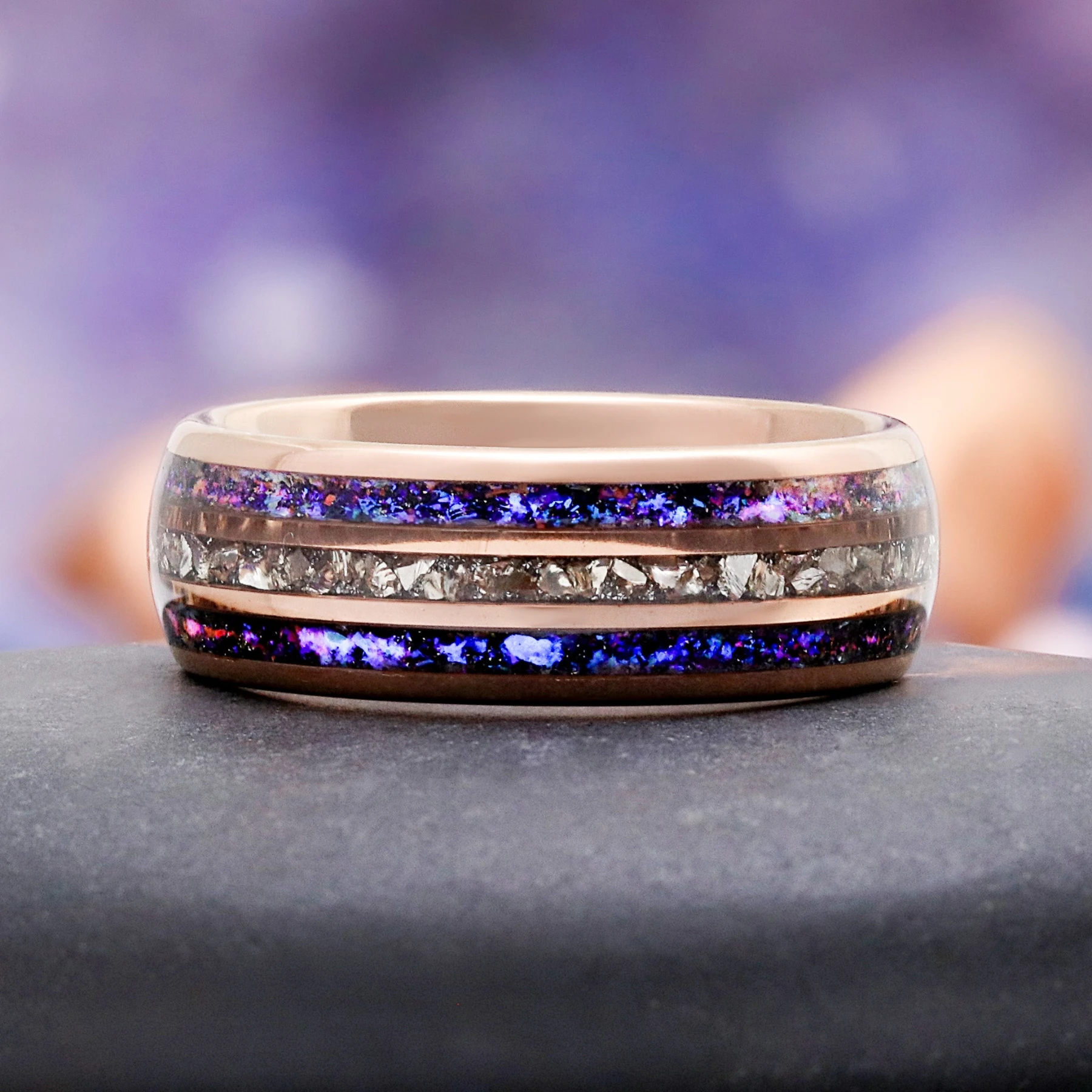 Orion Nebula & Crushed Diamond Men's Wedding Band in Rose Gold Tungsten (8mm)