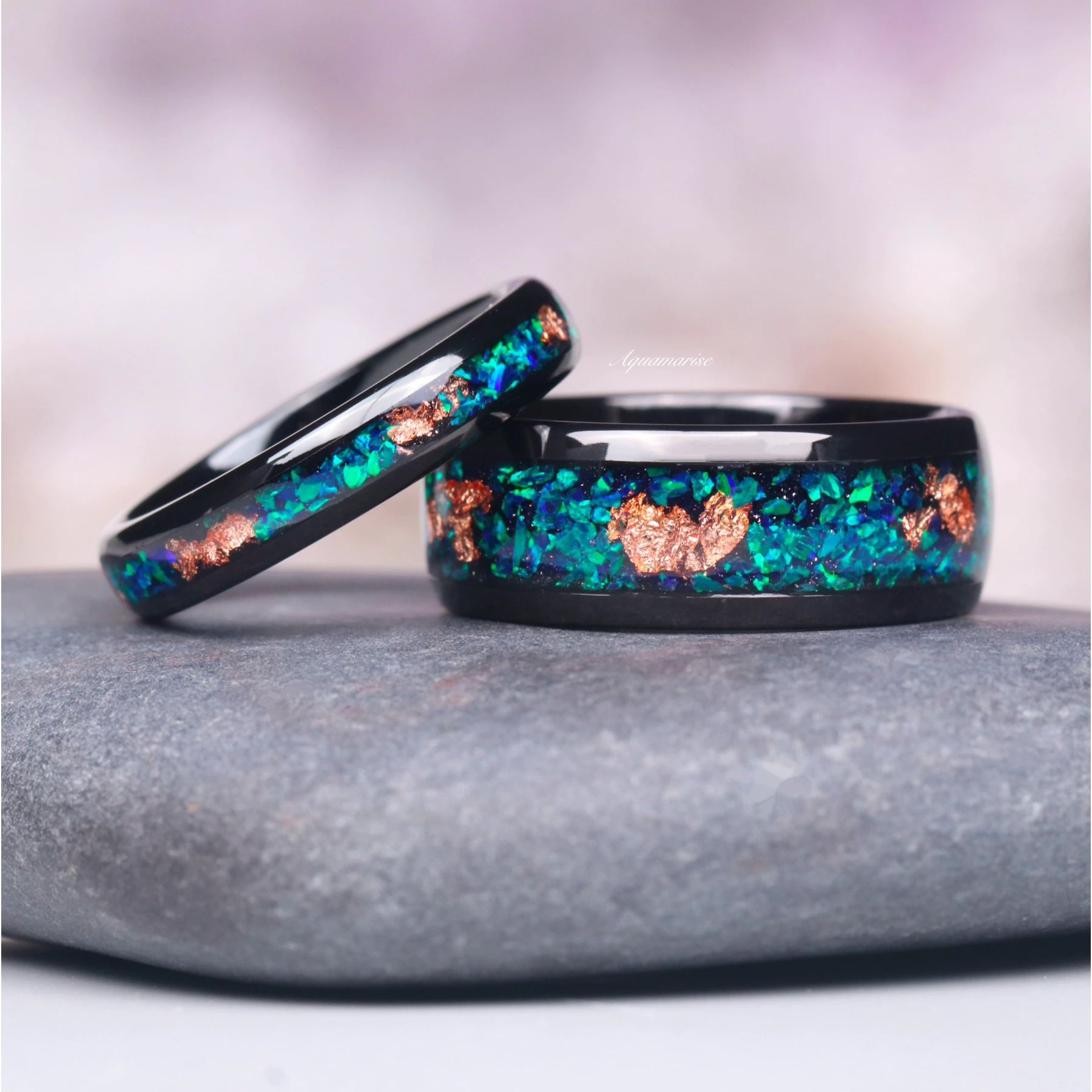 Peacock Fire Opal & Rose Gold Leaf Couples Ring Set