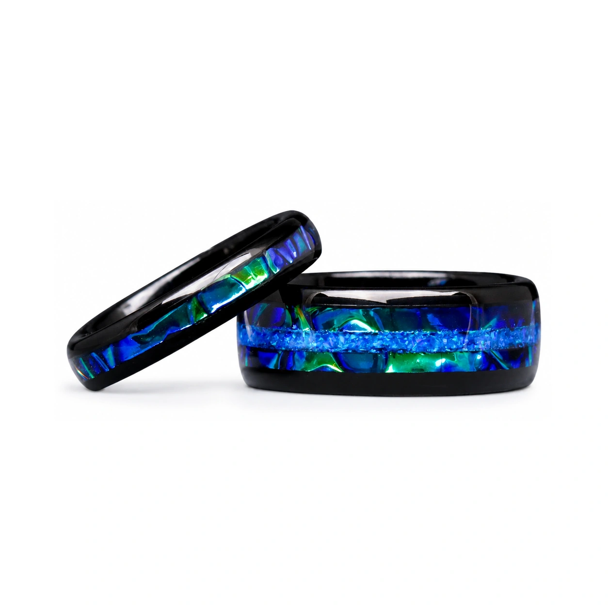 Azure Blue Fire Opal Couple Ring, His Her Tungsten Band, Matching Wedding Band