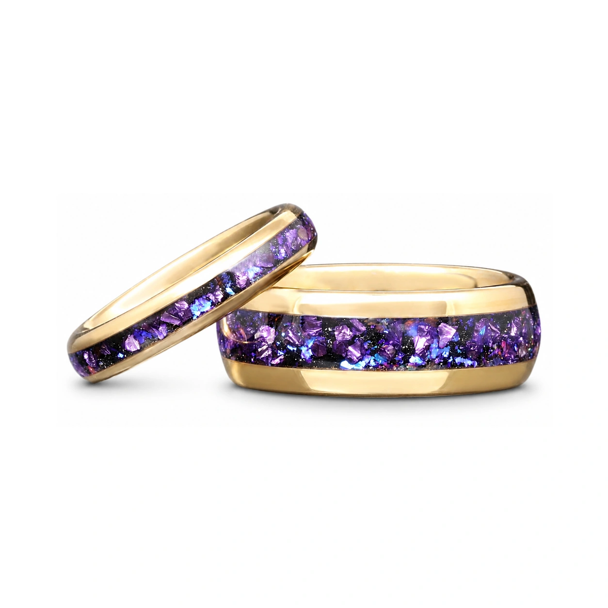 Crab Nebula Ring Set, His and Her Alexandrite Wedding Band