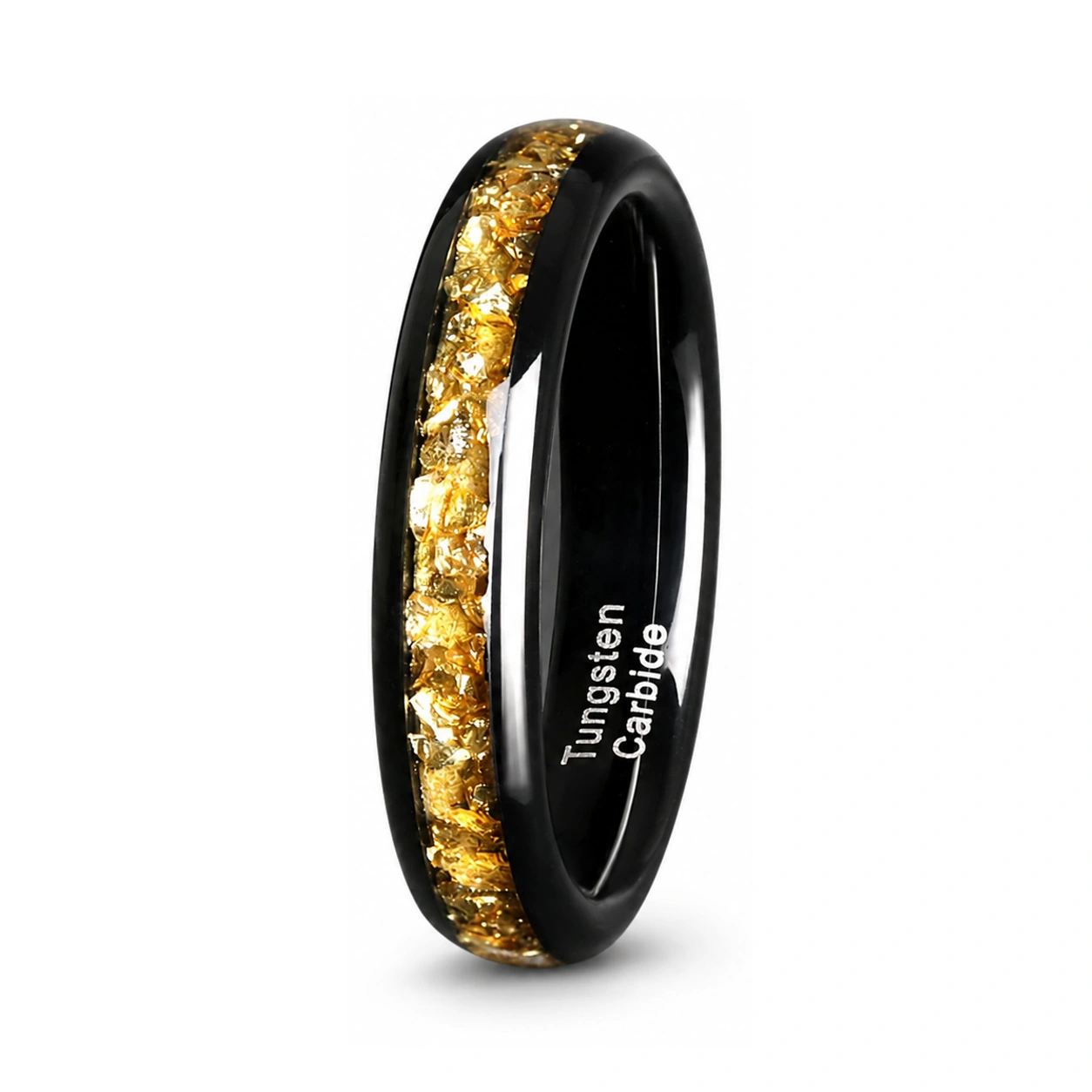 Narrow polished black wedding band with warm yellow inlay, angled detail