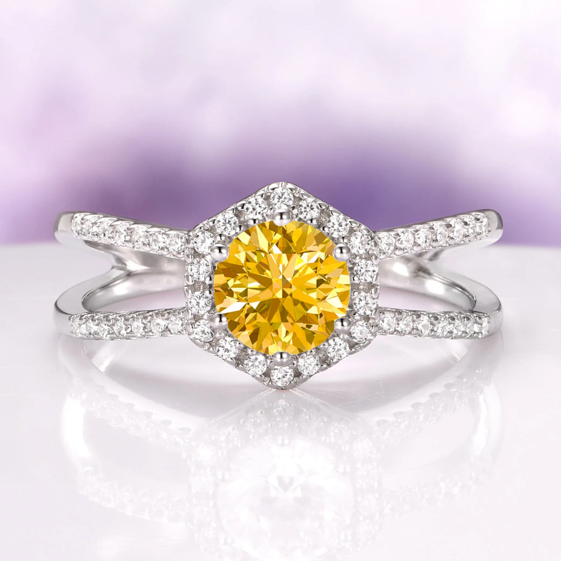 Hexagon Split Shank Natural Citrine Ring in Sterling Silver