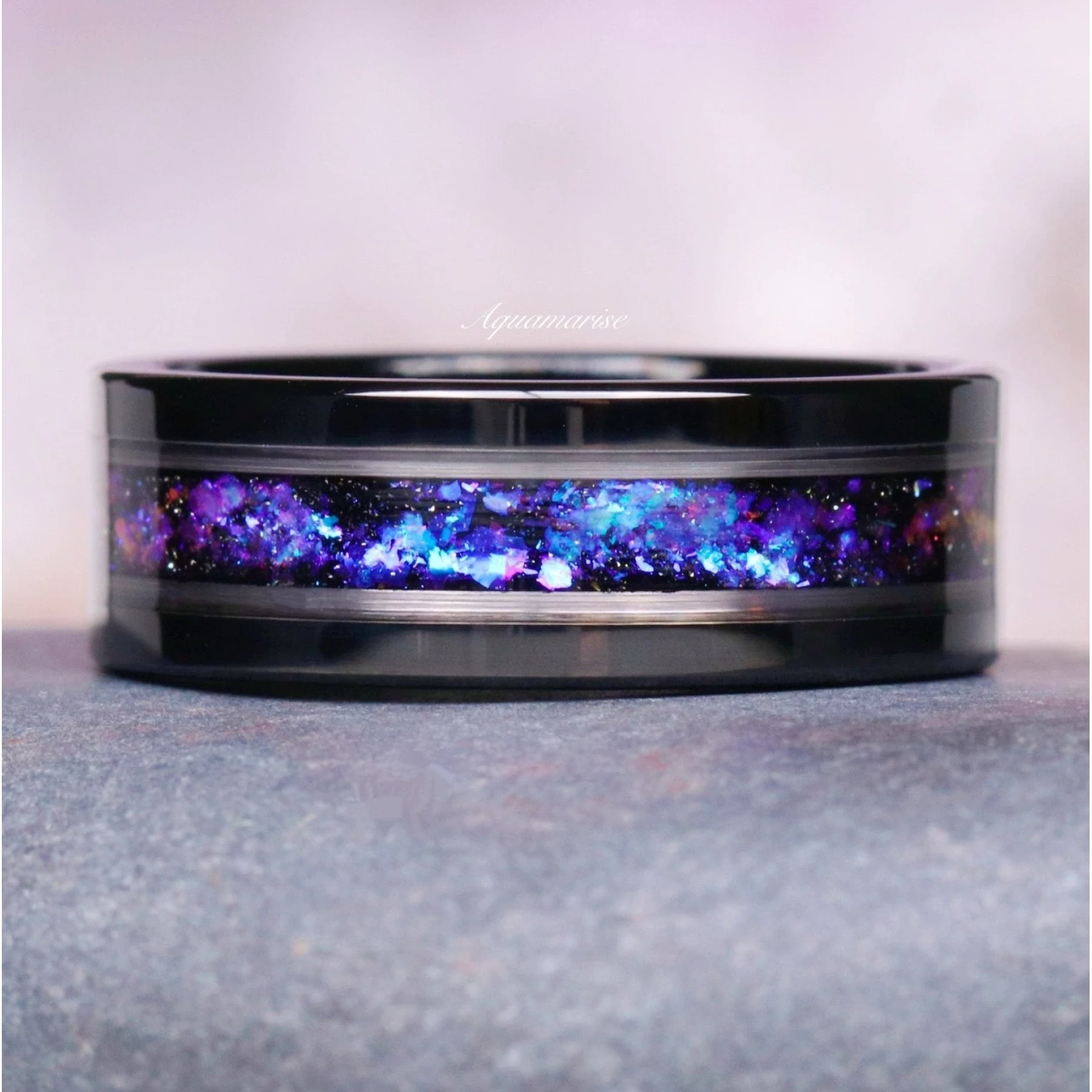 Orion Nebula Fire Opal Men's Wedding Band in Black Tungsten Carbide (8mm)