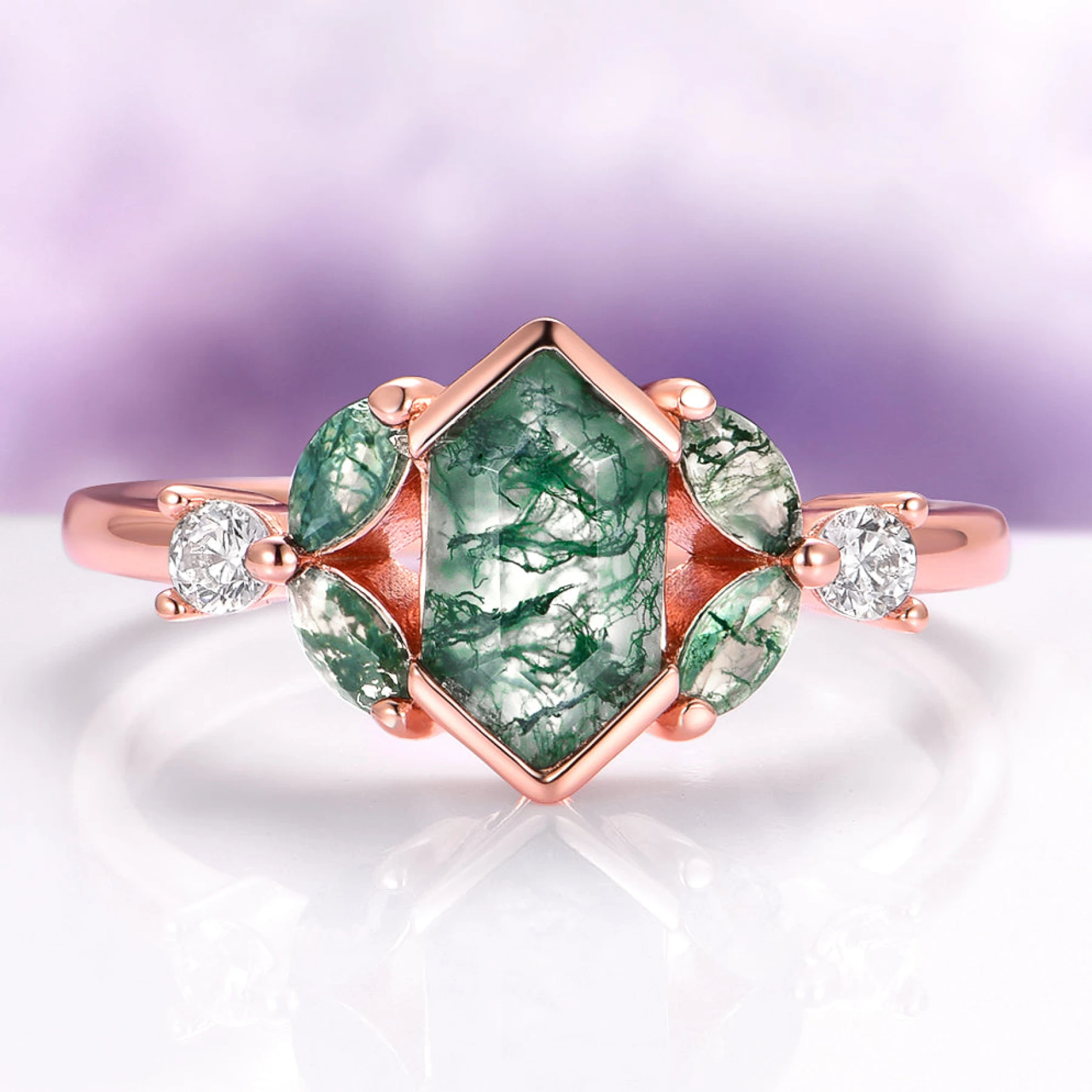Hexagon Green Moss Agate Leaf Ring in 14K Rose Gold Vermeil