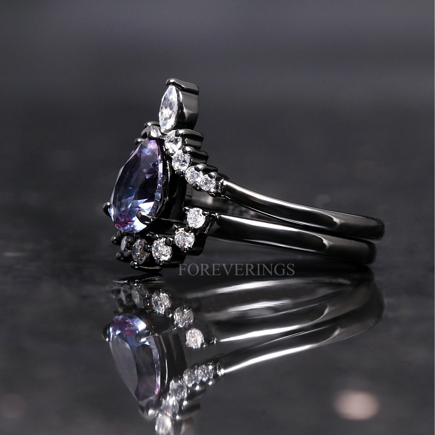 Alexandrite Ring Set, Crab Nebula, His and Her Wedding Bands, Black Hammered Tungsten Band, Purple Space Ring, Couples Engagement Ring Set - view 3