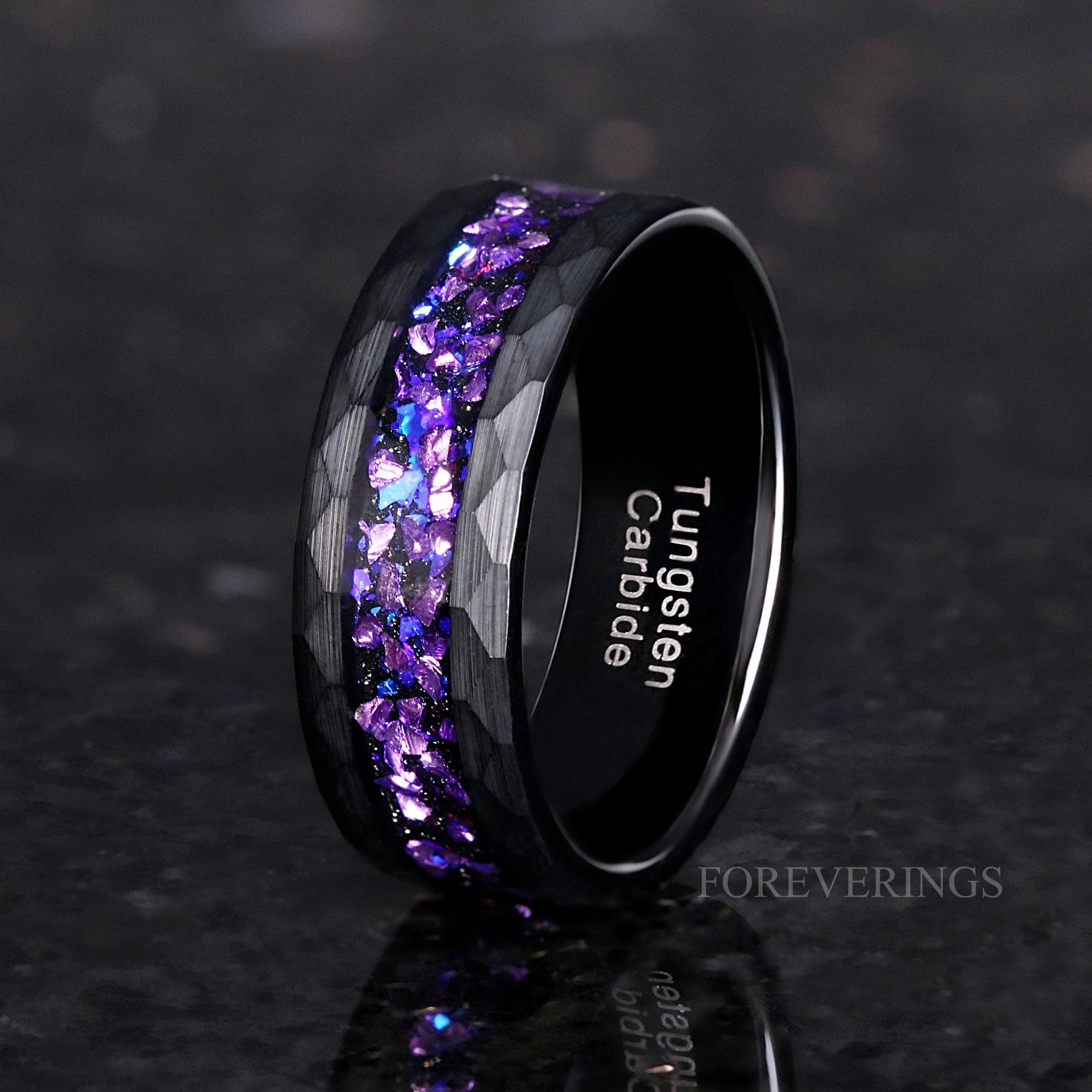 Alexandrite Ring Set, Crab Nebula, His and Her Wedding Bands, Black Hammered Tungsten Band, Purple Space Ring, Couples Engagement Ring Set - view 4