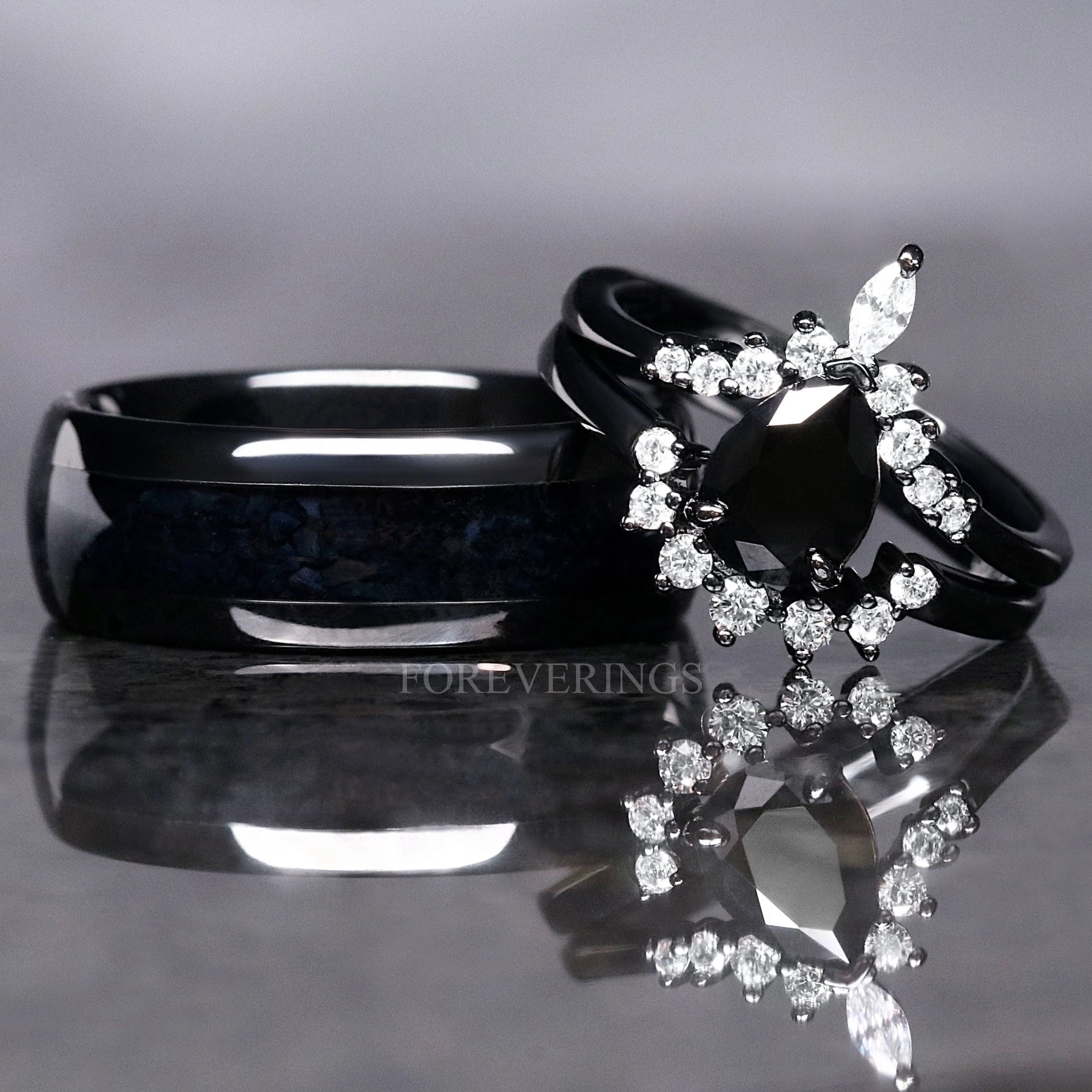 Black Onyx Ring Set, His and Hers Wedding Band, Couples Rings