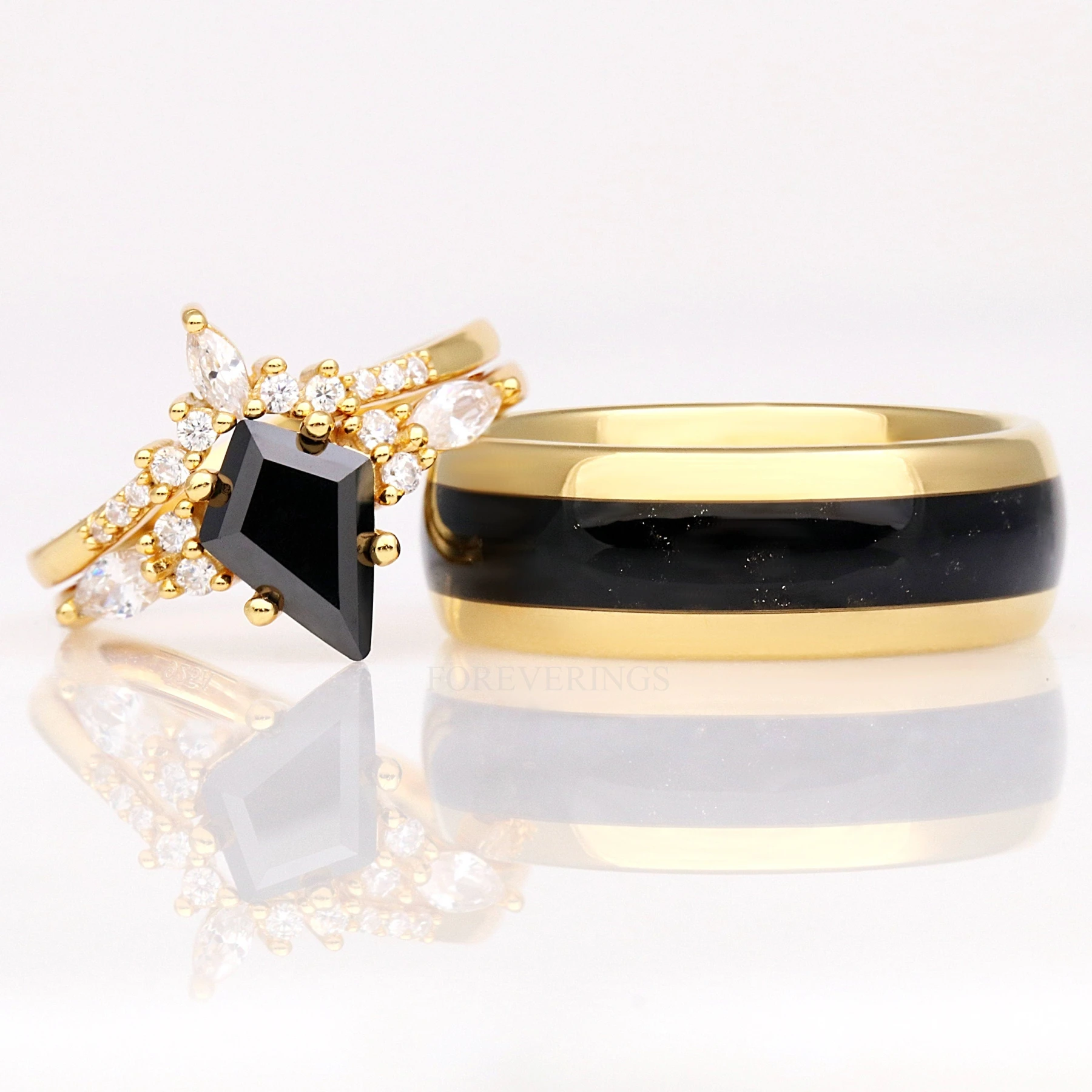 Black Onyx Ring Set, His and Hers Wedding Band, Gold Ring Set