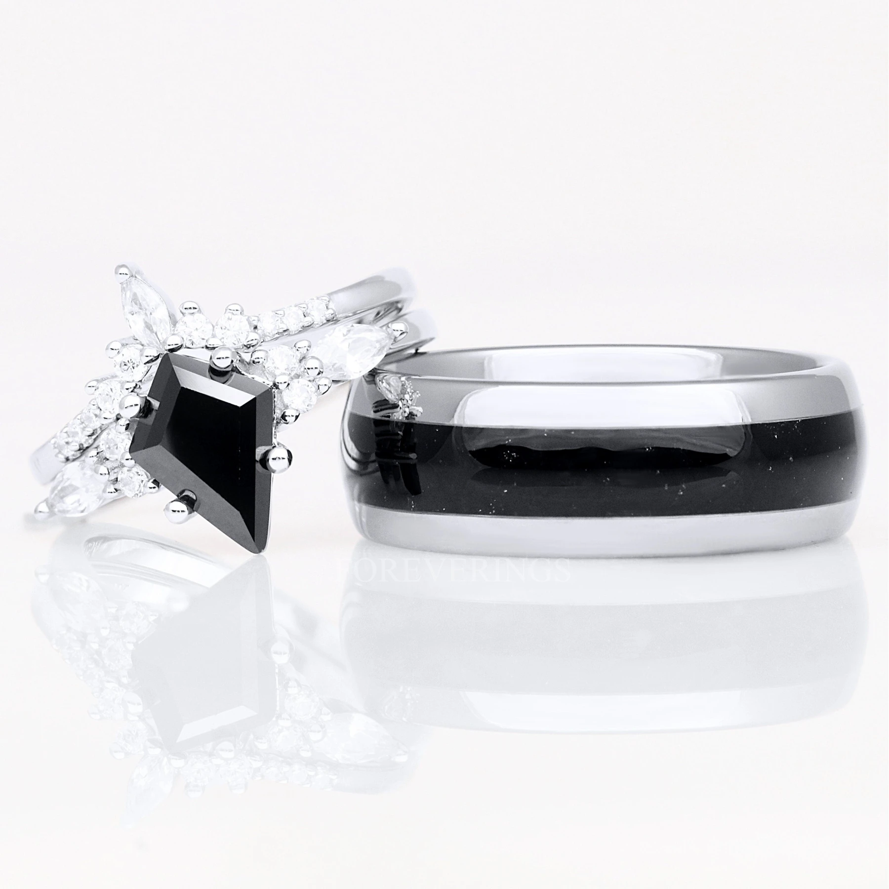 Black Onyx Ring Set, His and Hers Wedding Band