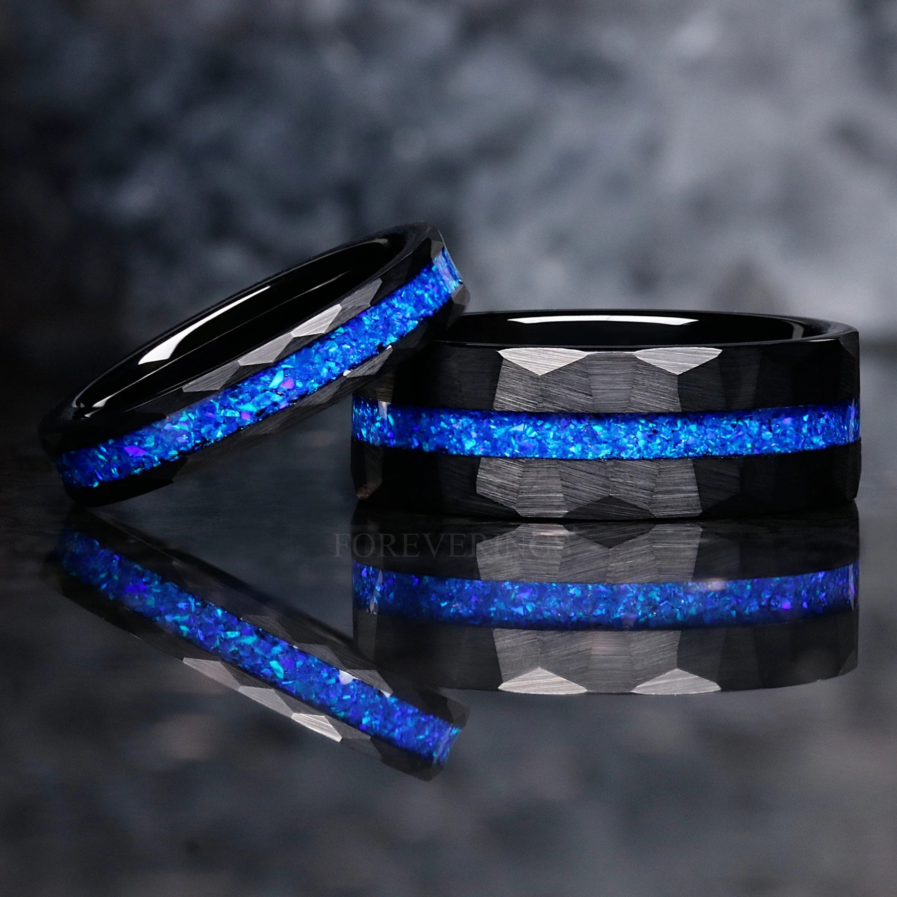 Blue Opal Ring Set, His Her Wedding Band, Black Tungsten Ring