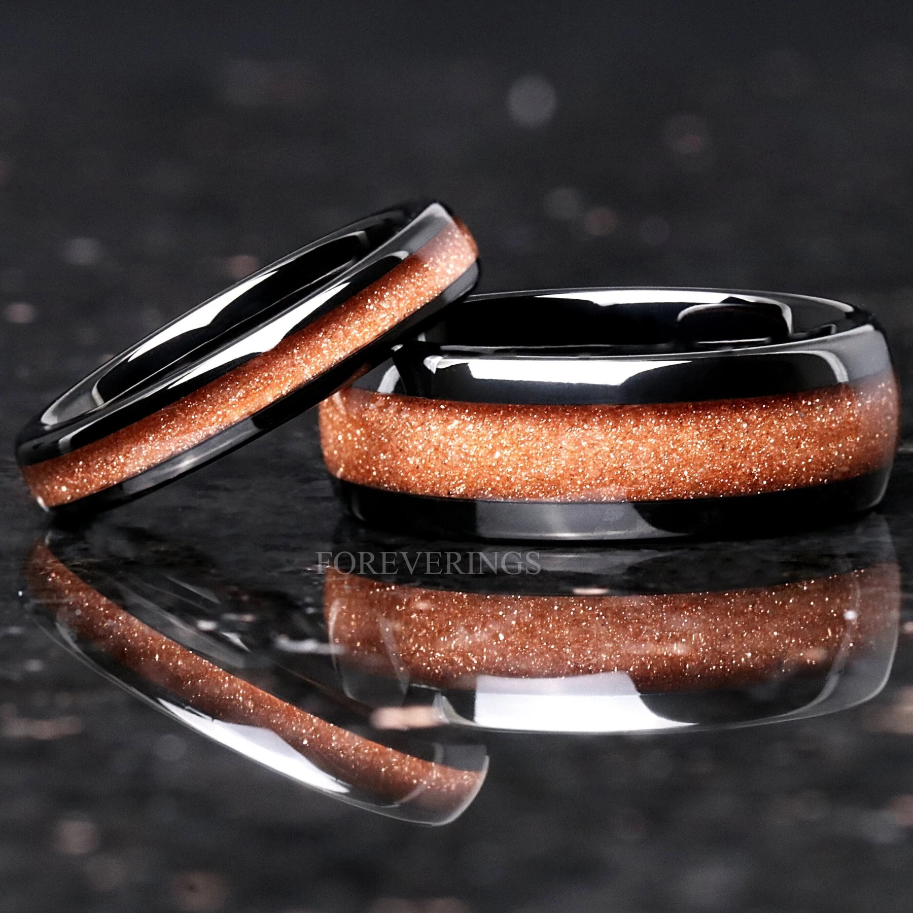 Carina Nebula Ring Set, His and Hers Tungsten Wedding Band, 8mm & 4mm Black Ring
