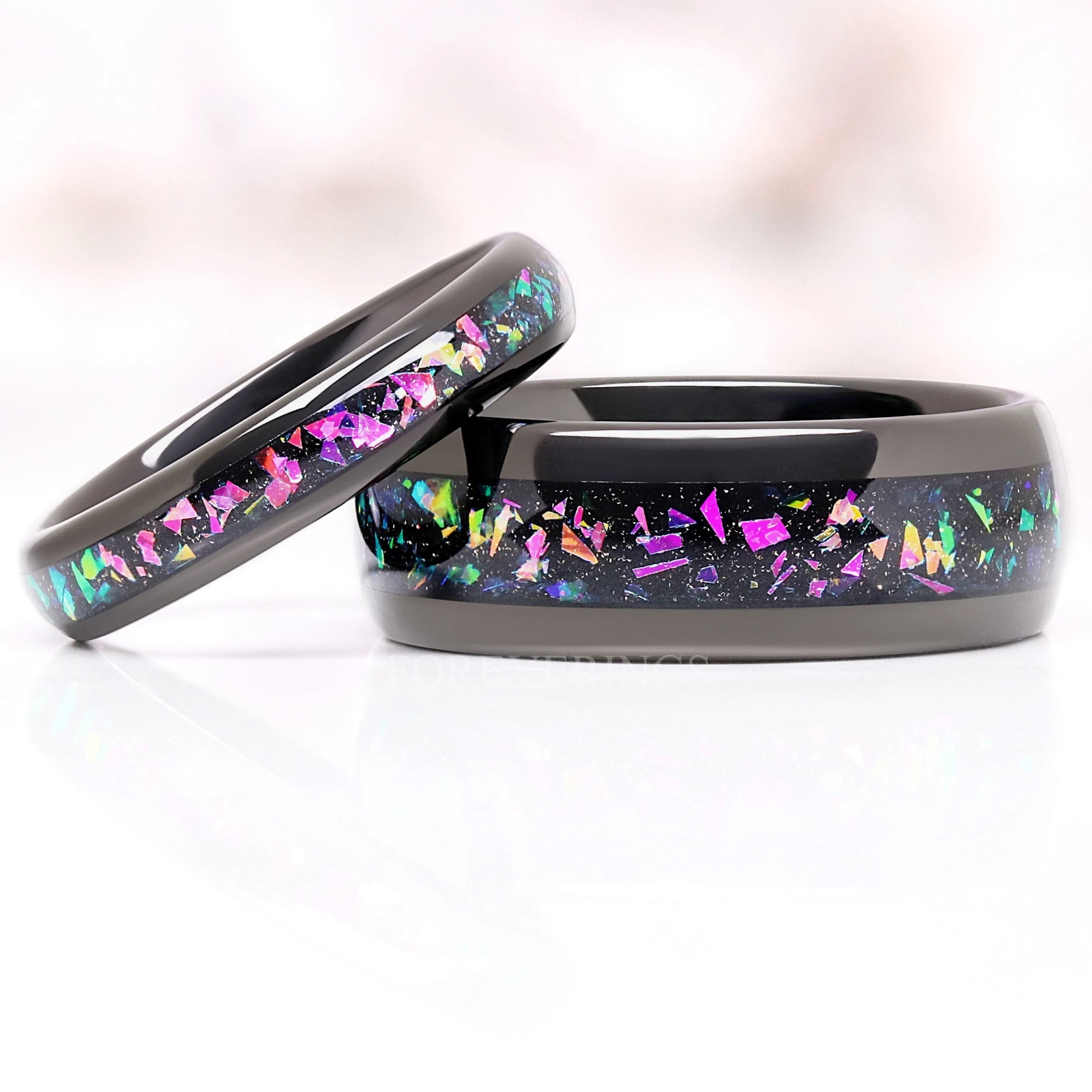 Cass Supernova Black Nebula Ring Set, His and Her Tungsten Wedding Band
