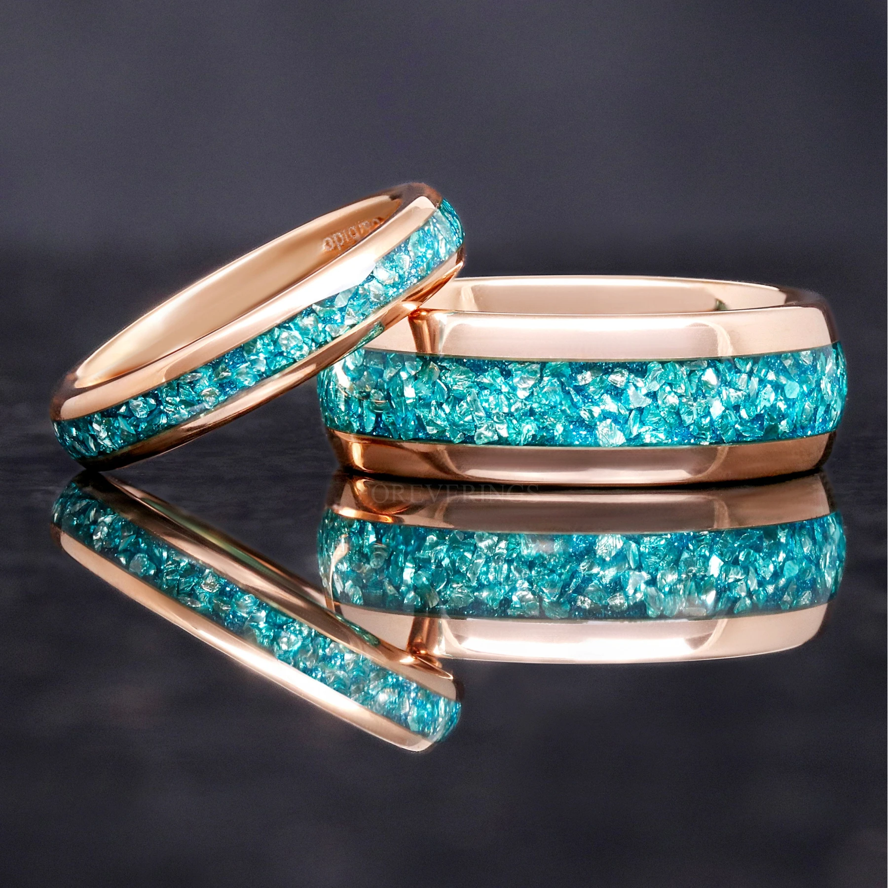 Crushed Aquamarine Ring Set, Couples Band, His and Her Ring