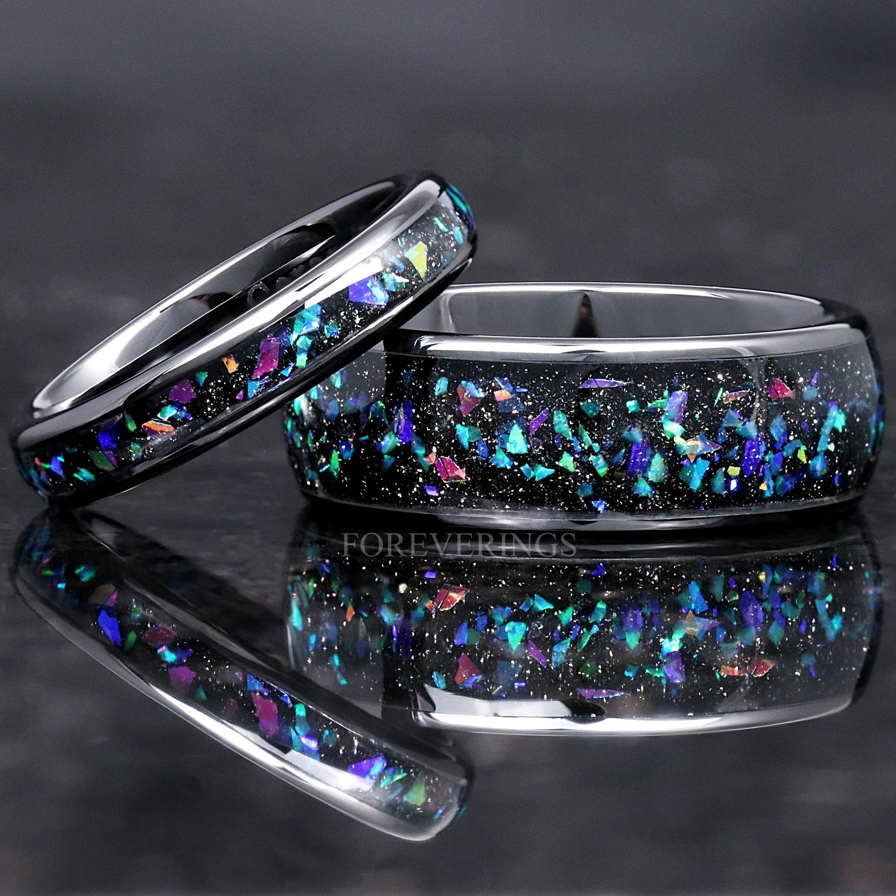Galaxy Opal Ring Set, His and Hers Wedding Band, 8mm & 4mm Black Ceramic Bands