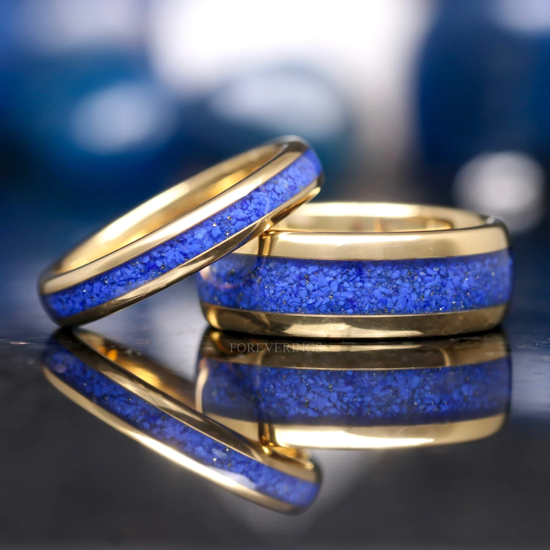 Gold Lapis Lazuli Ring Set, His and Hers Wedding Band