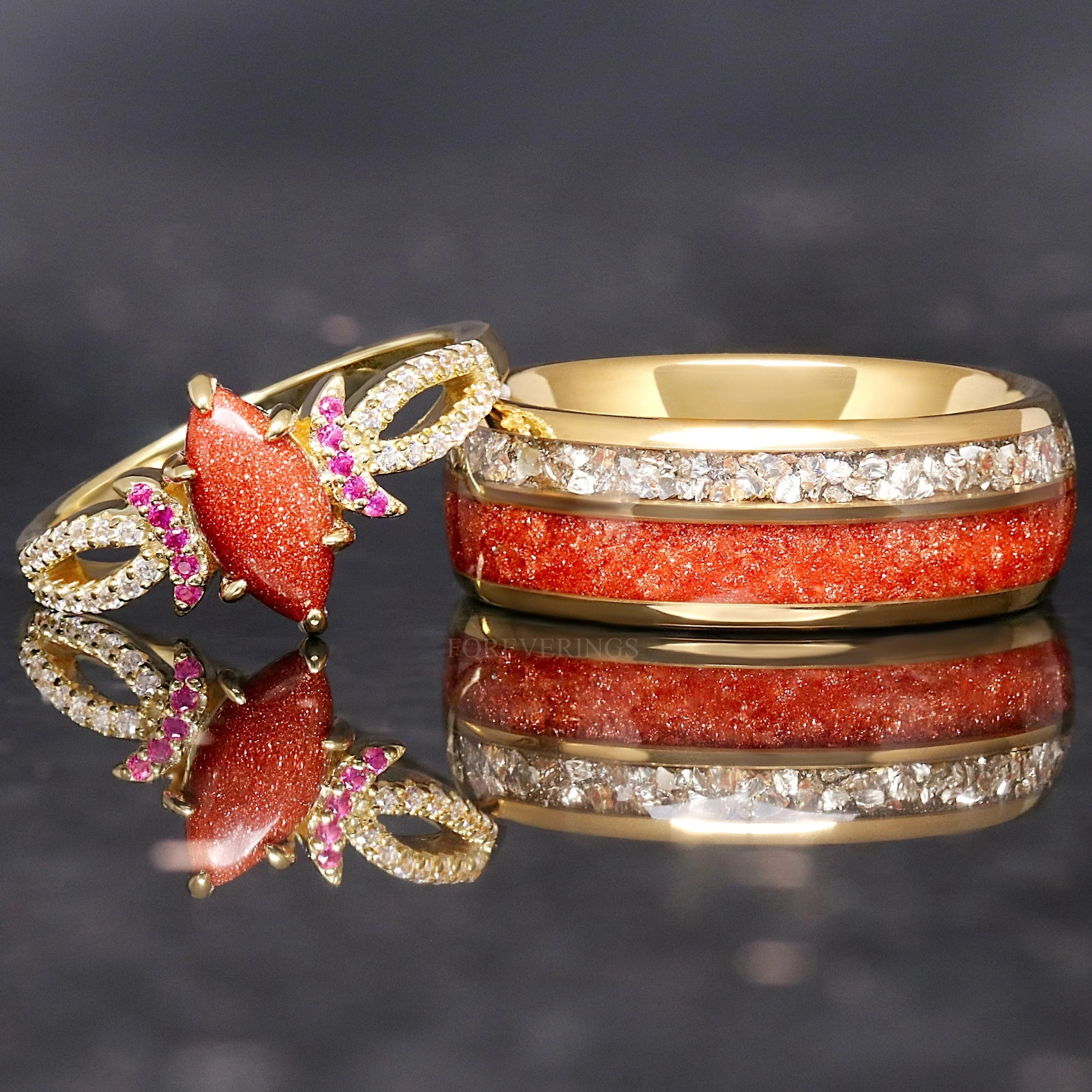 Gold Sandstone Ring Set, His and Her Wedding Ring, Engagement Ring Set