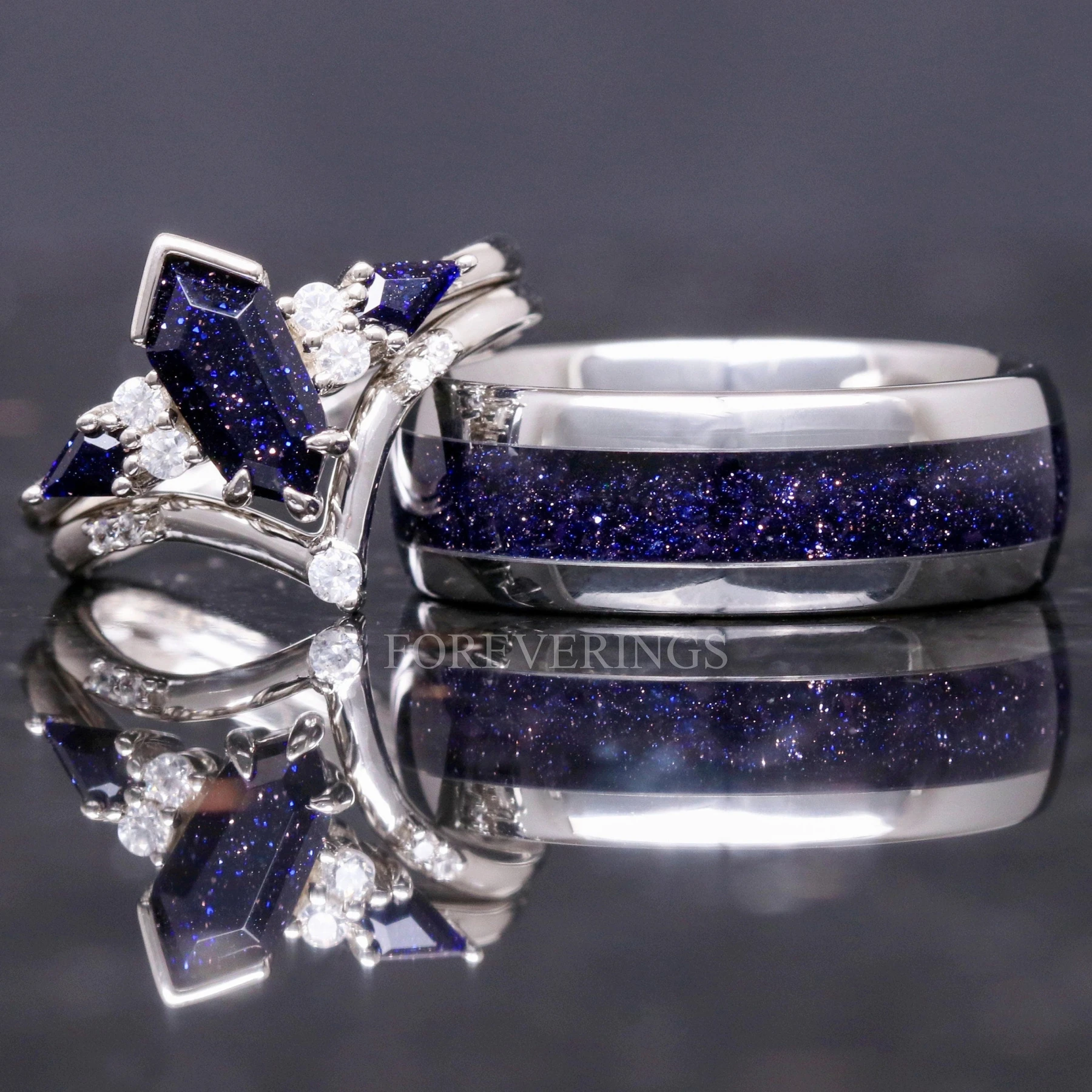 Great Rift Nebula Ring Set, His and Hers Wedding Band, Coffin Kite Ring