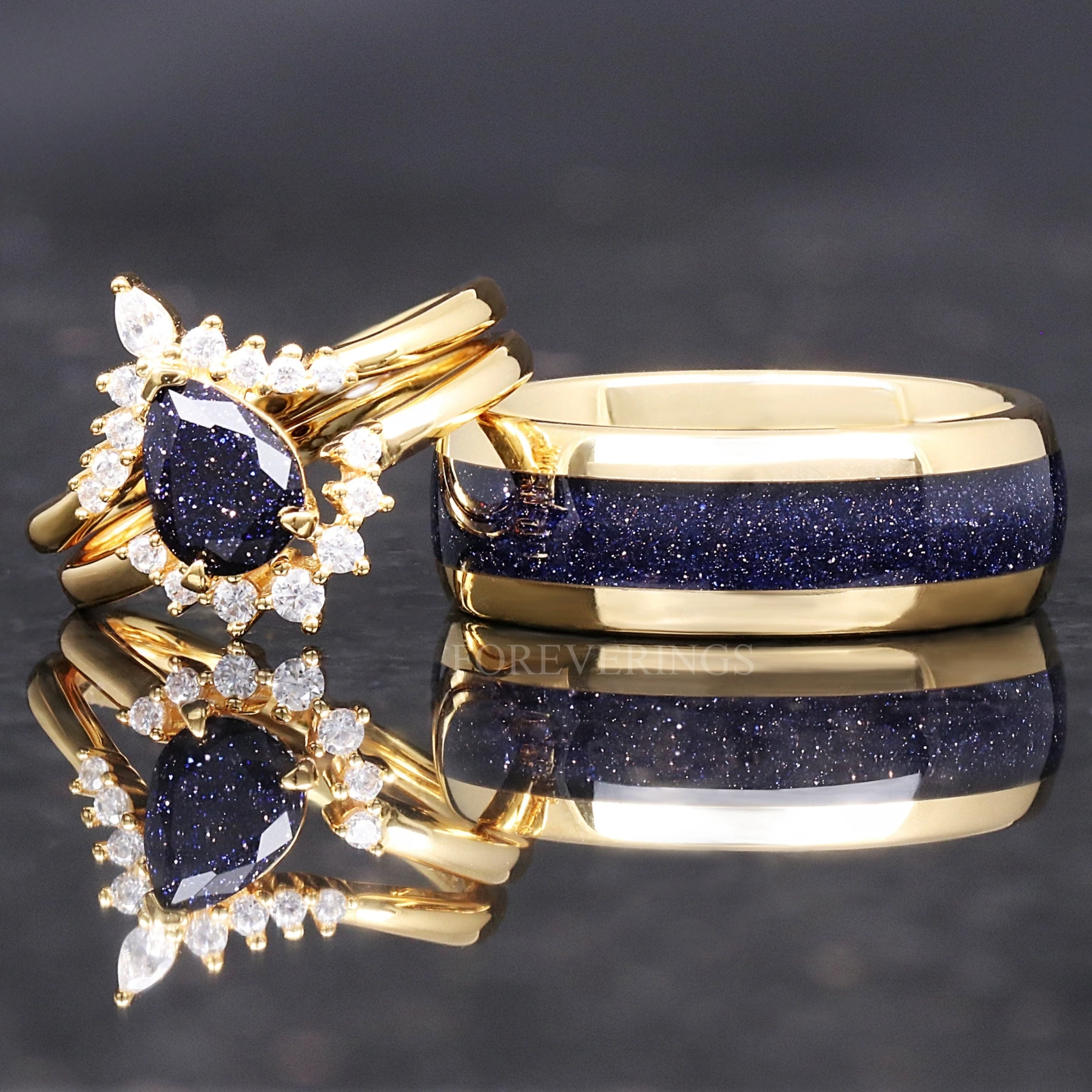 Great Rift Nebula Ring Set, His and Hers Wedding Band, Gold Plated Ring