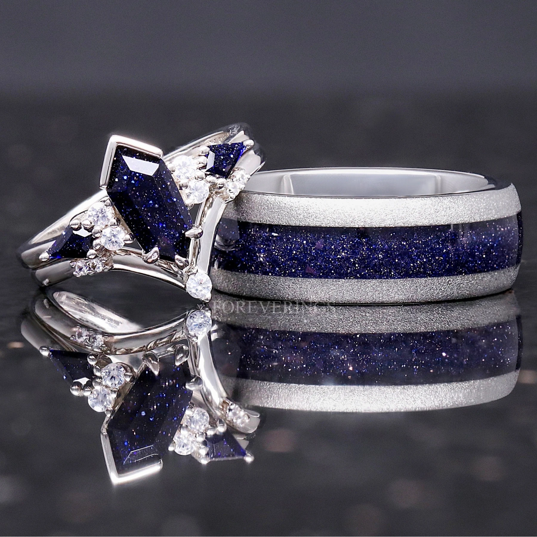 Great Rift Nebula Ring Set Kite Coffin, His and Hers Wedding Band